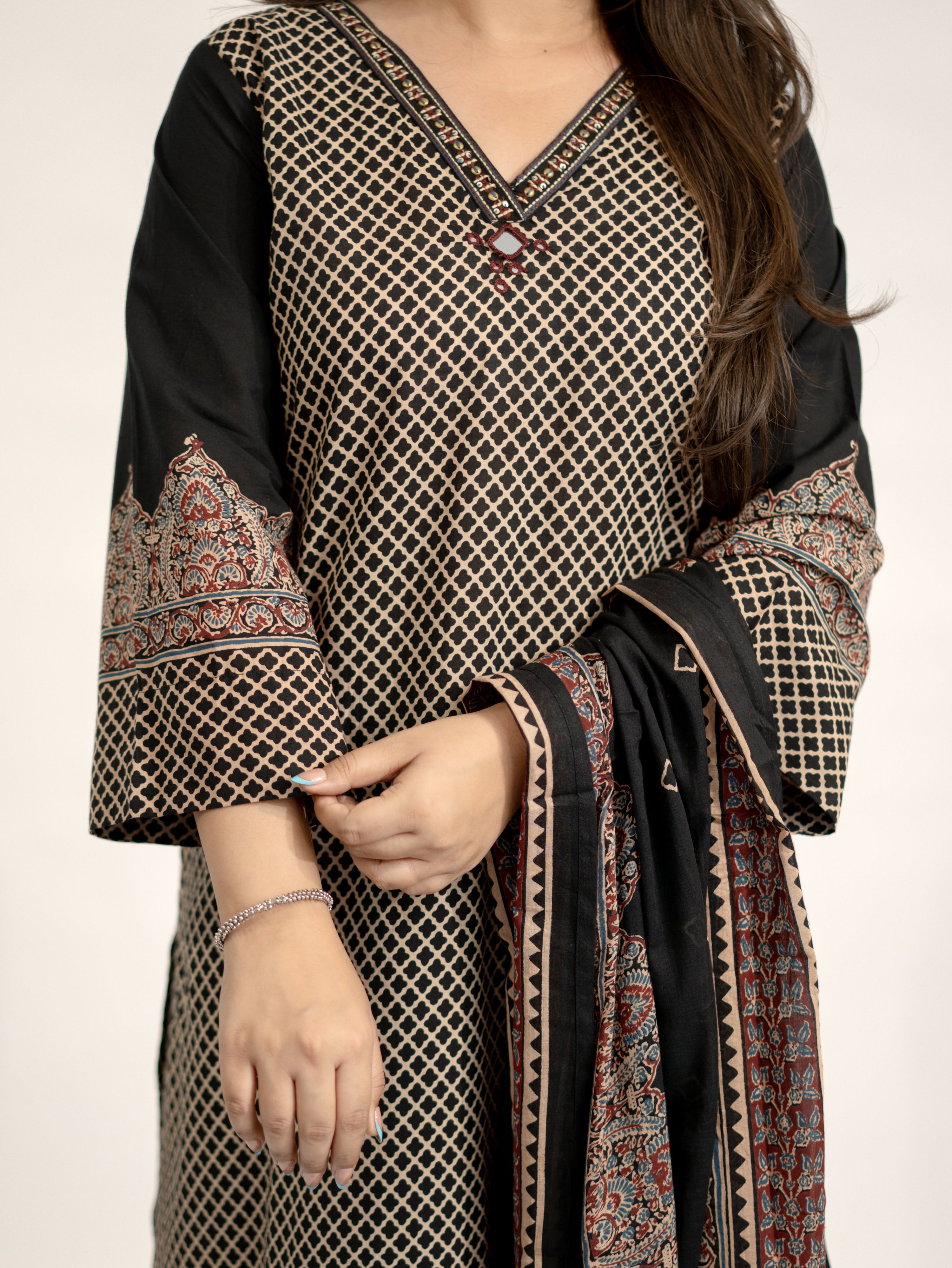 Safa Black Ajrakh Cotton HandEmbroidered Dupatta Set