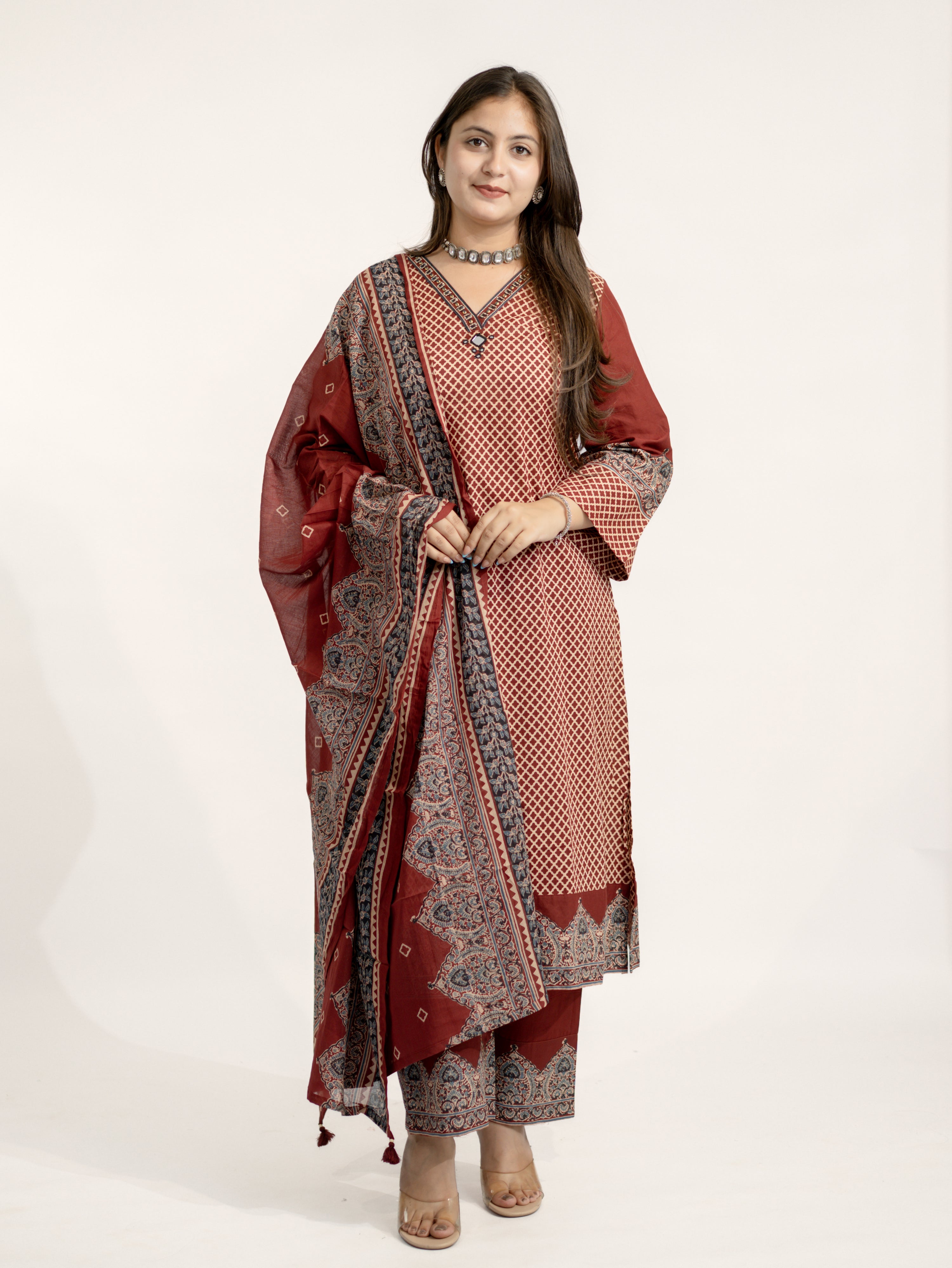 Safa Red Ajrakh Cotton HandEmbroidered Dupatta Set