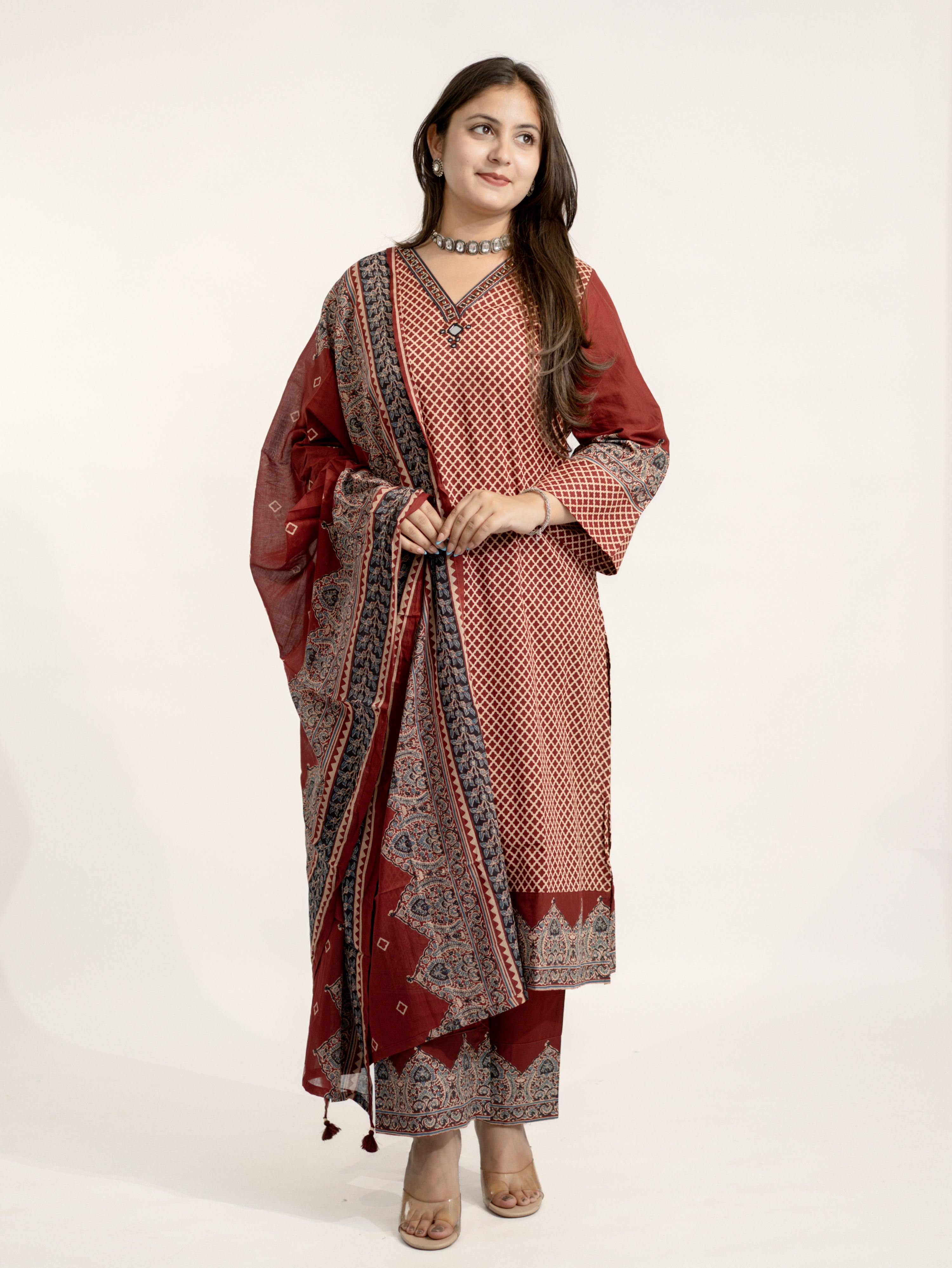 Safa Red Ajrakh Cotton HandEmbroidered Dupatta Set