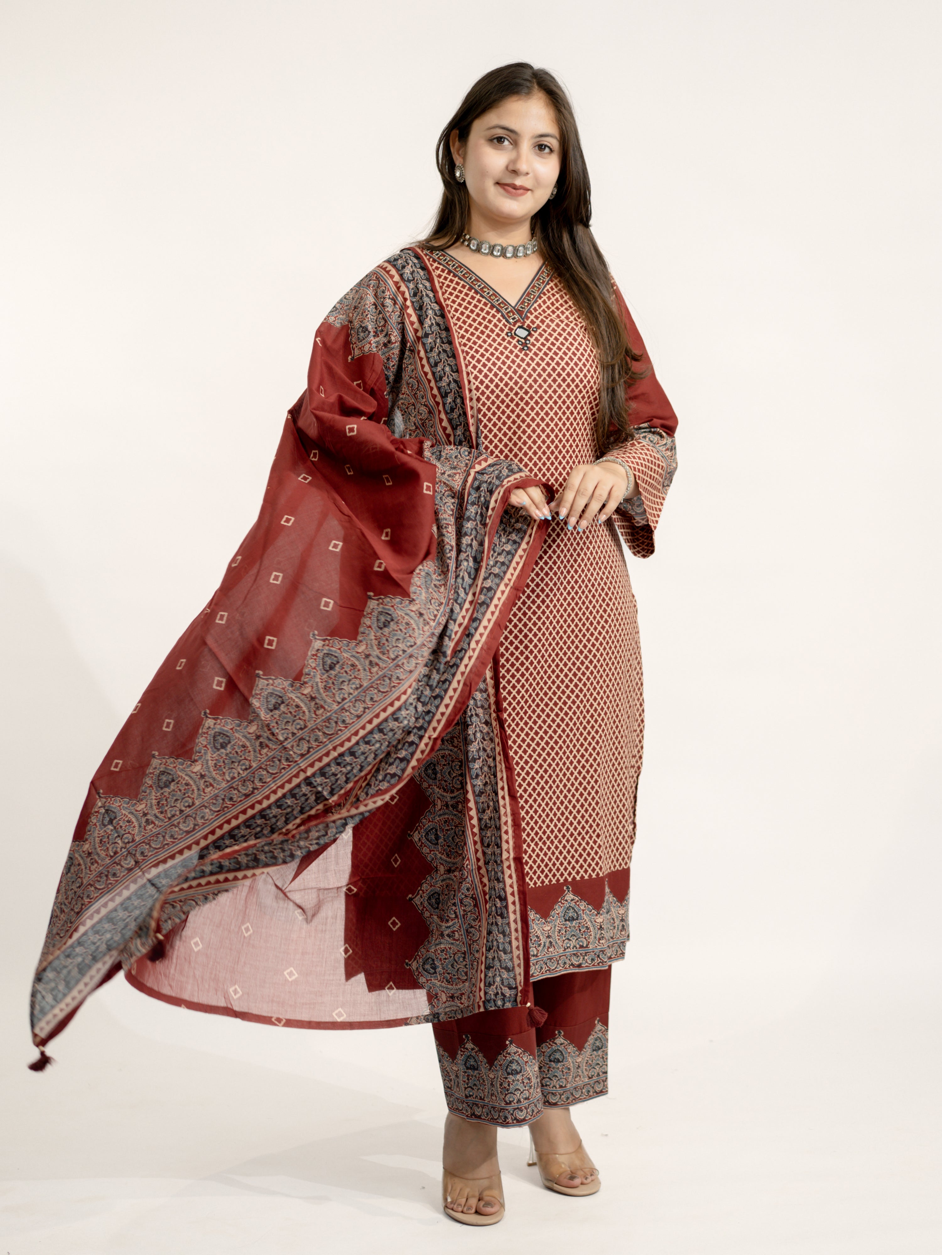 Safa Red Ajrakh Cotton HandEmbroidered Dupatta Set