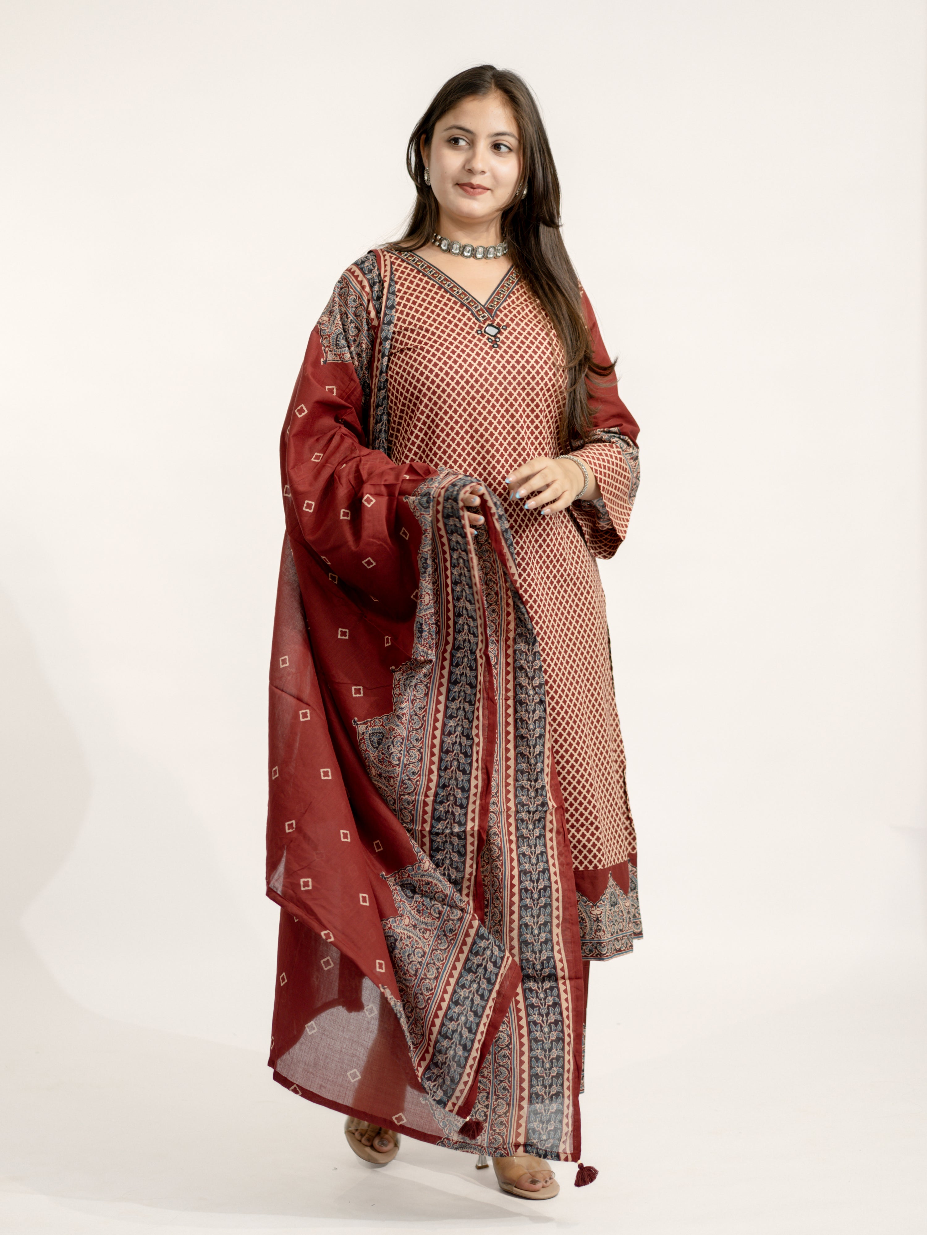 Safa Red Ajrakh Cotton HandEmbroidered Dupatta Set