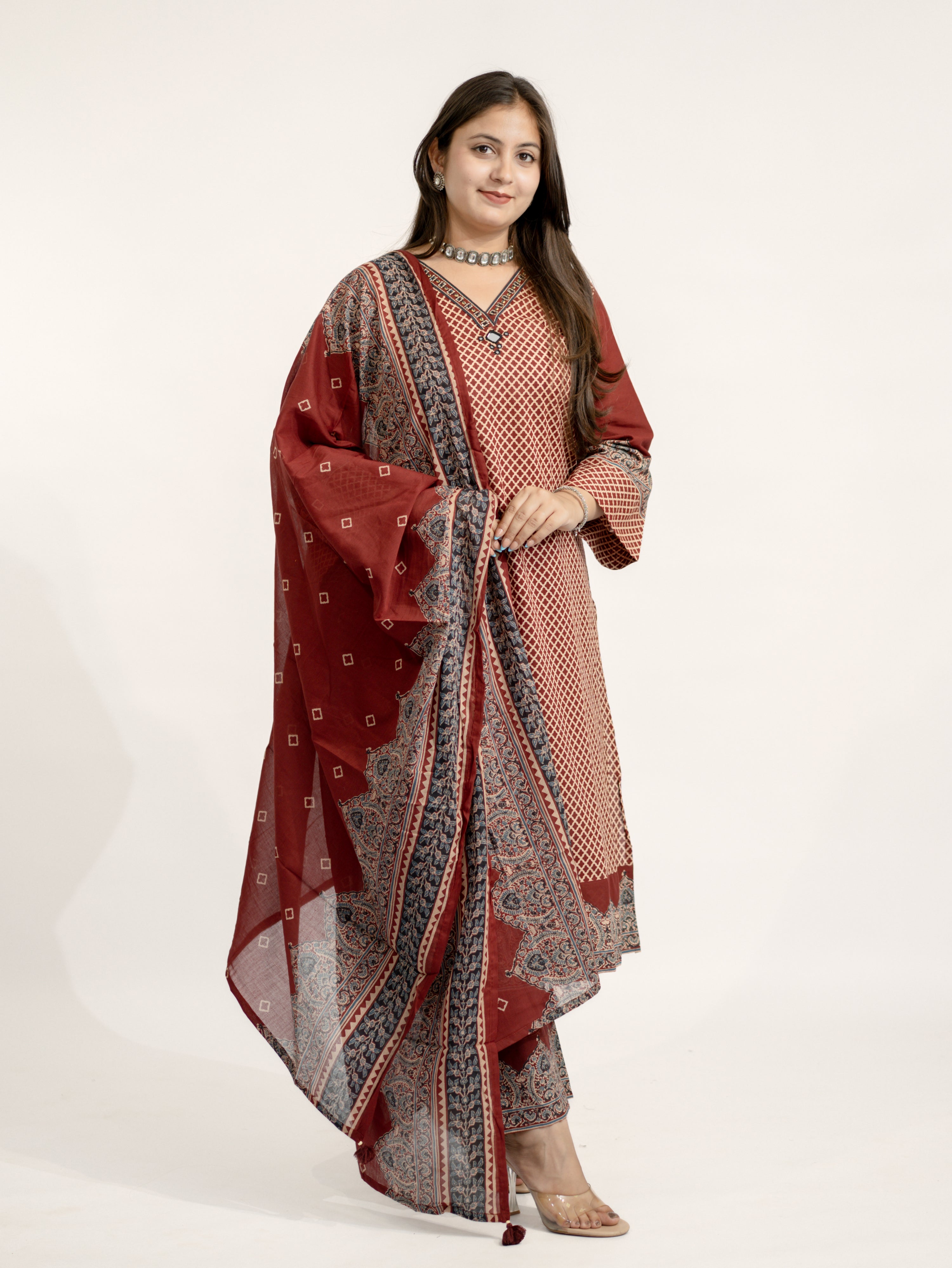 Safa Red Ajrakh Cotton HandEmbroidered Dupatta Set