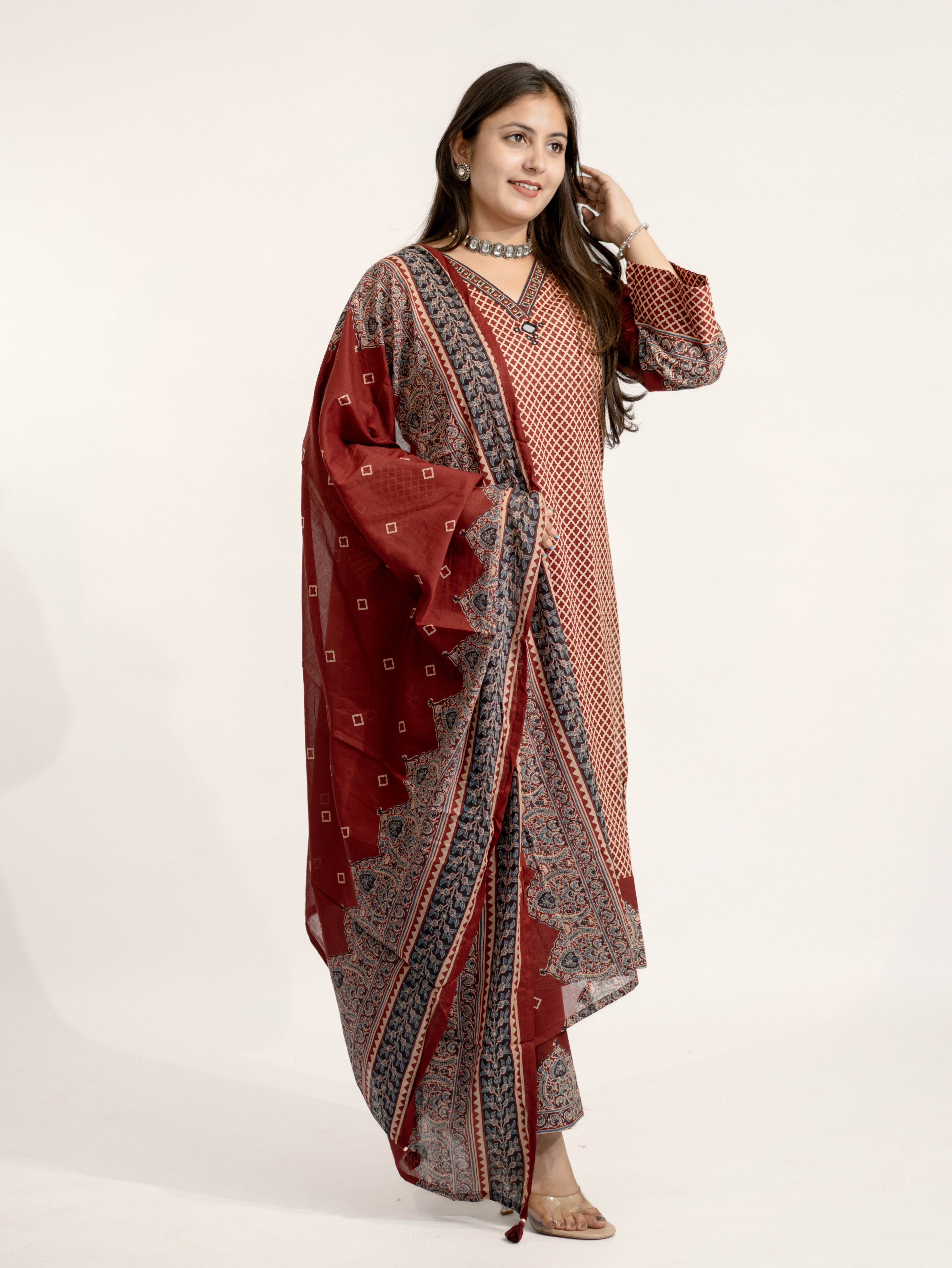 Safa Red Ajrakh Cotton HandEmbroidered Dupatta Set