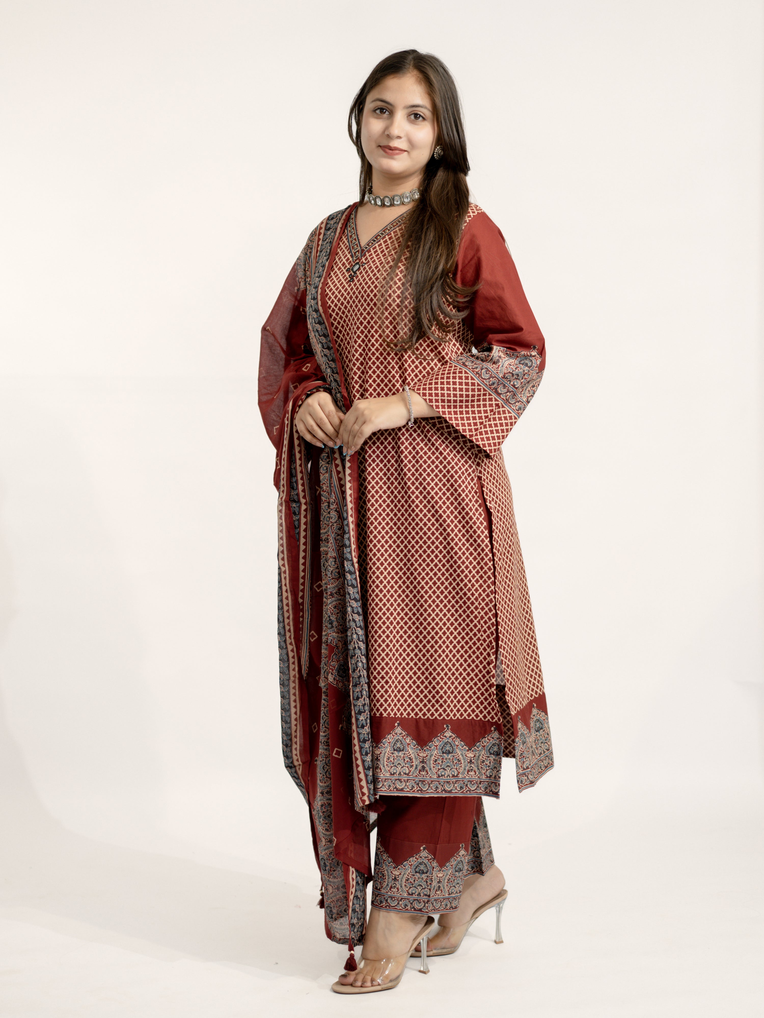 Safa Red Ajrakh Cotton HandEmbroidered Dupatta Set