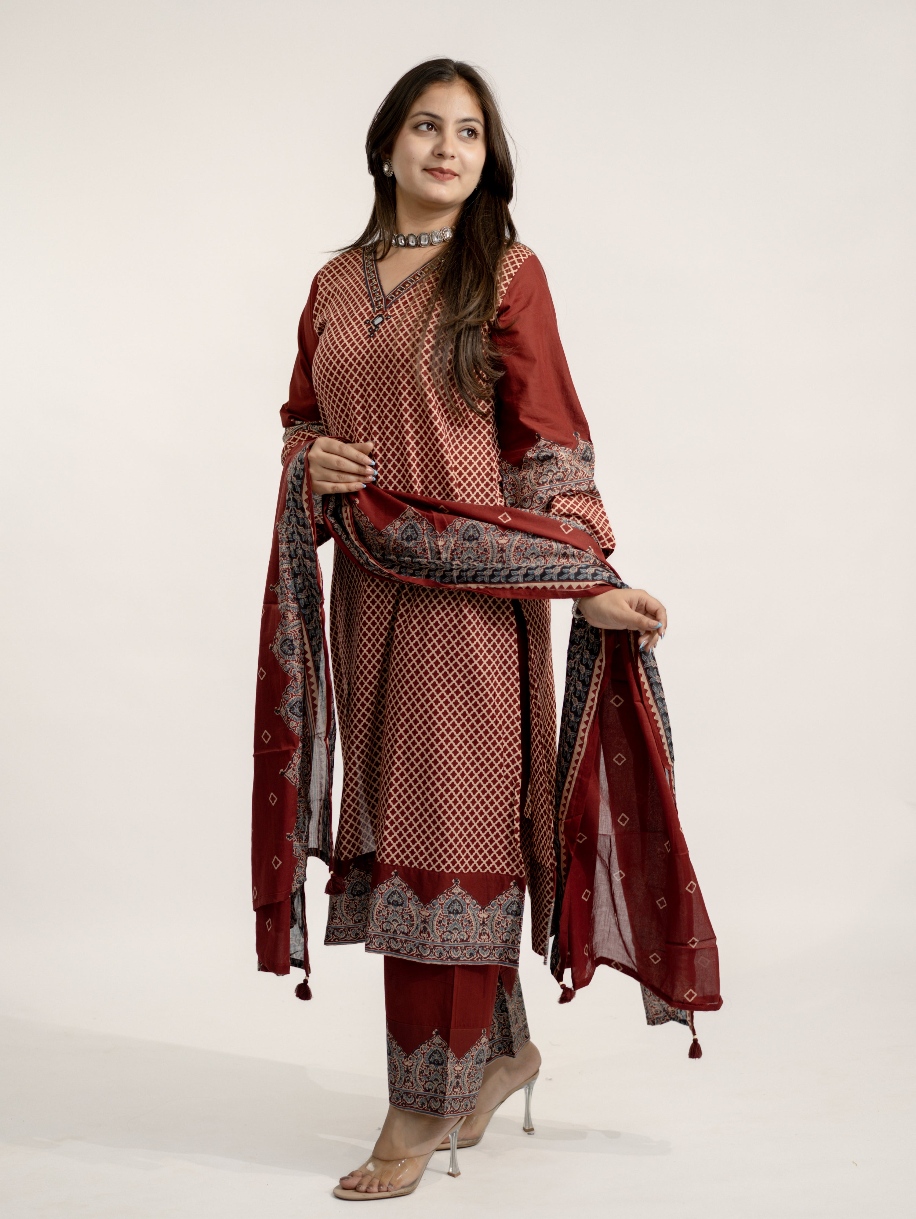 Safa Red Ajrakh Cotton HandEmbroidered Dupatta Set