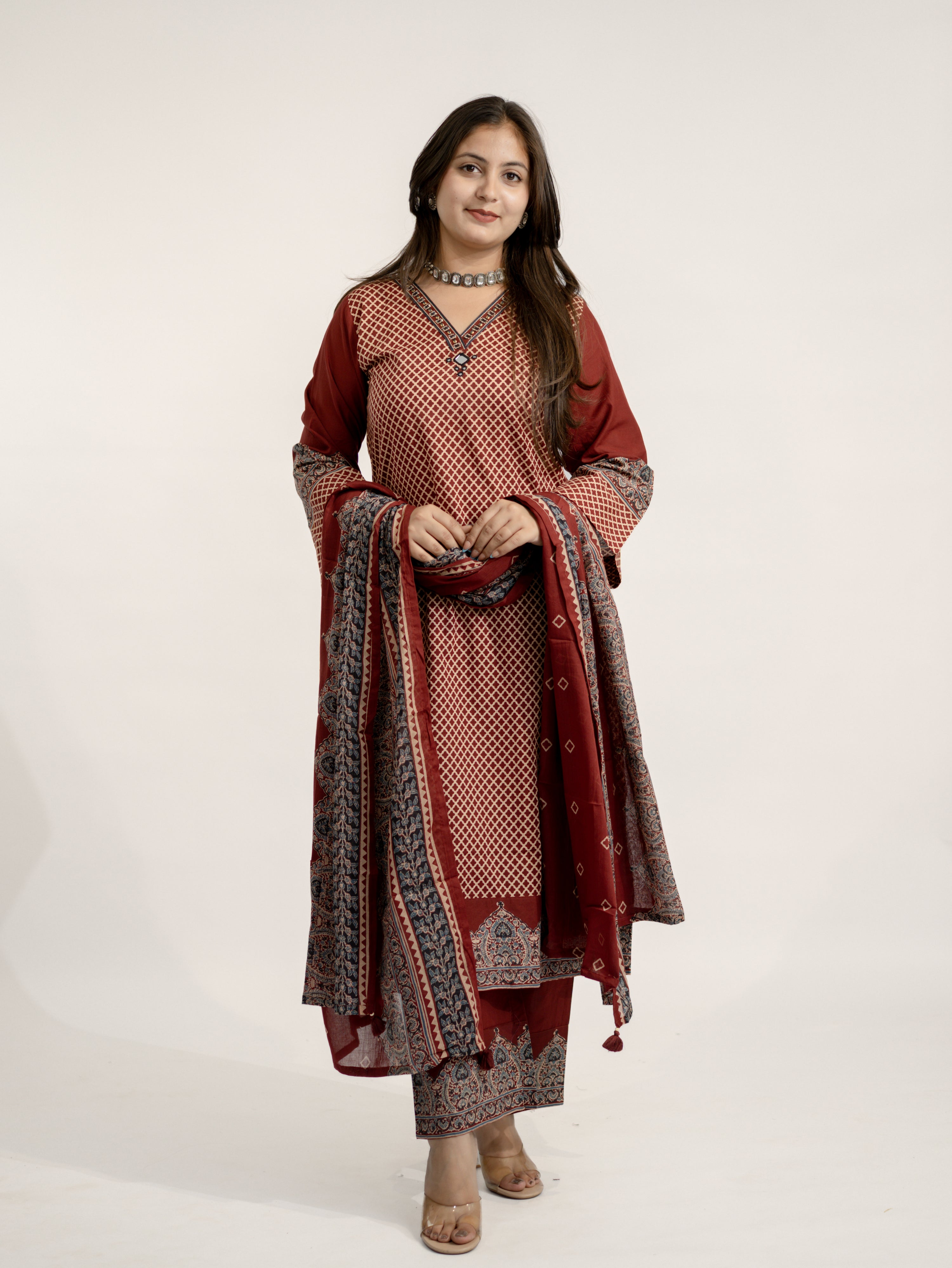 Safa Red Ajrakh Cotton HandEmbroidered Dupatta Set