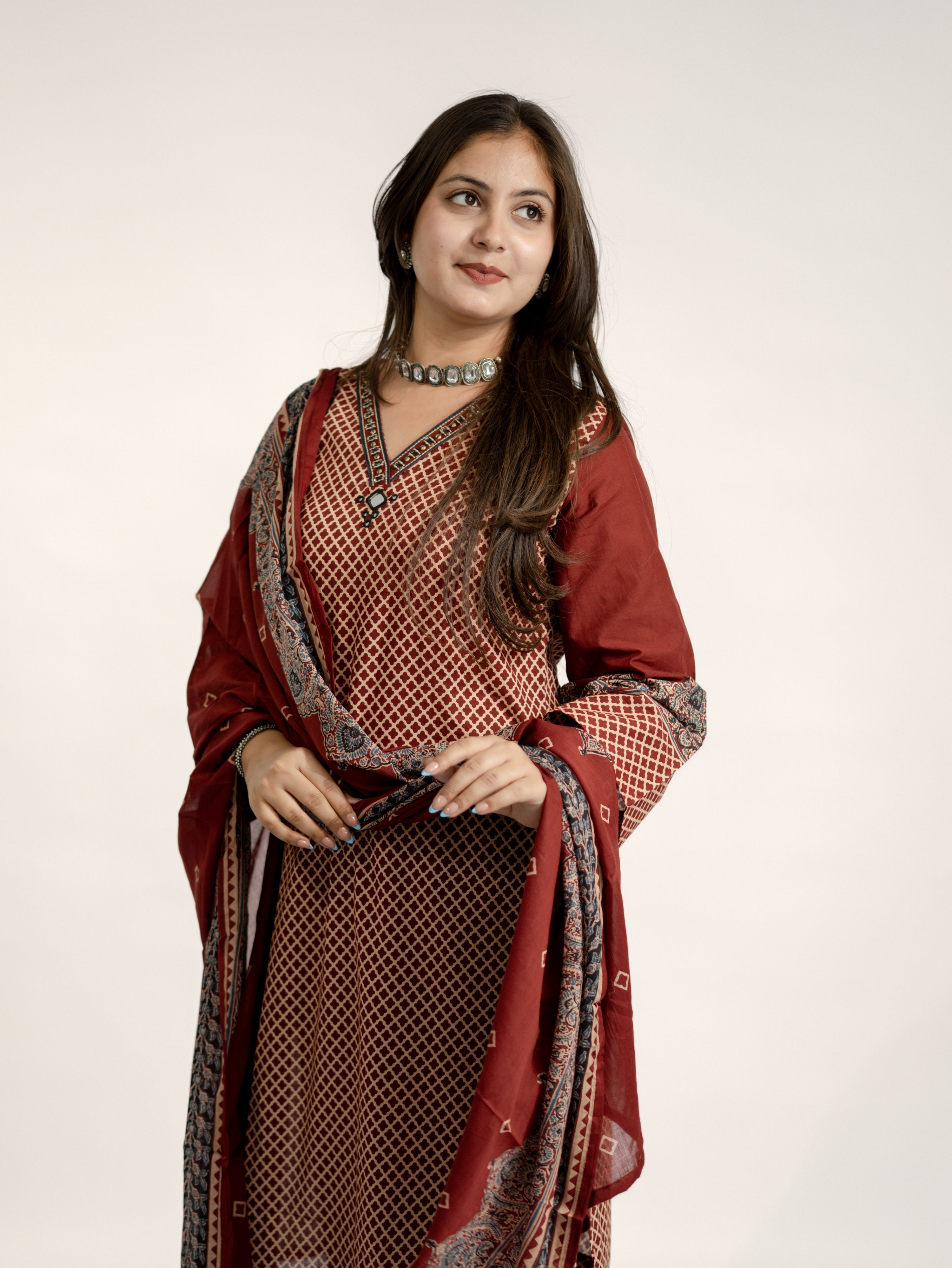 Safa Red Ajrakh Cotton HandEmbroidered Dupatta Set