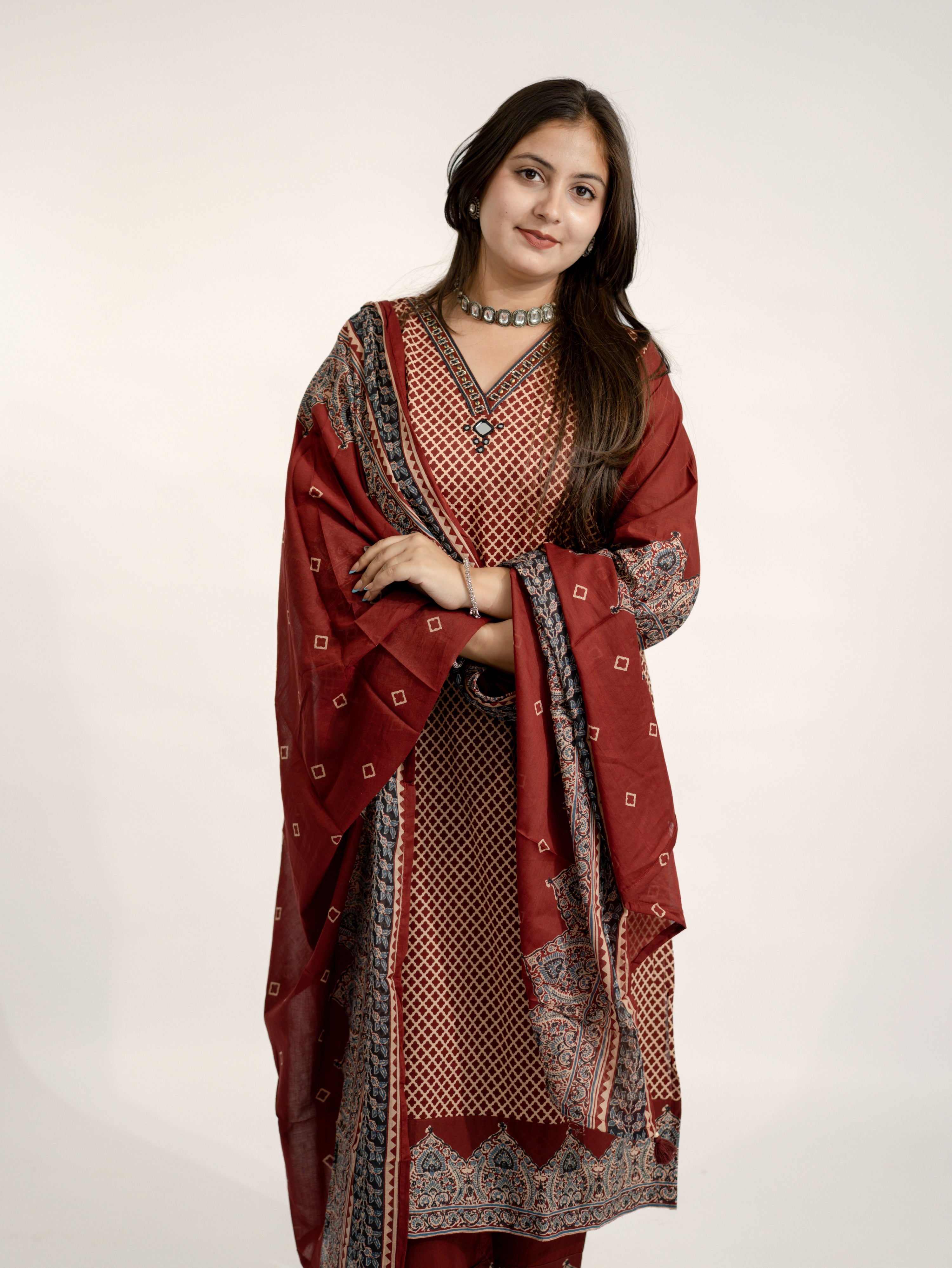 Safa Red Ajrakh Cotton HandEmbroidered Dupatta Set