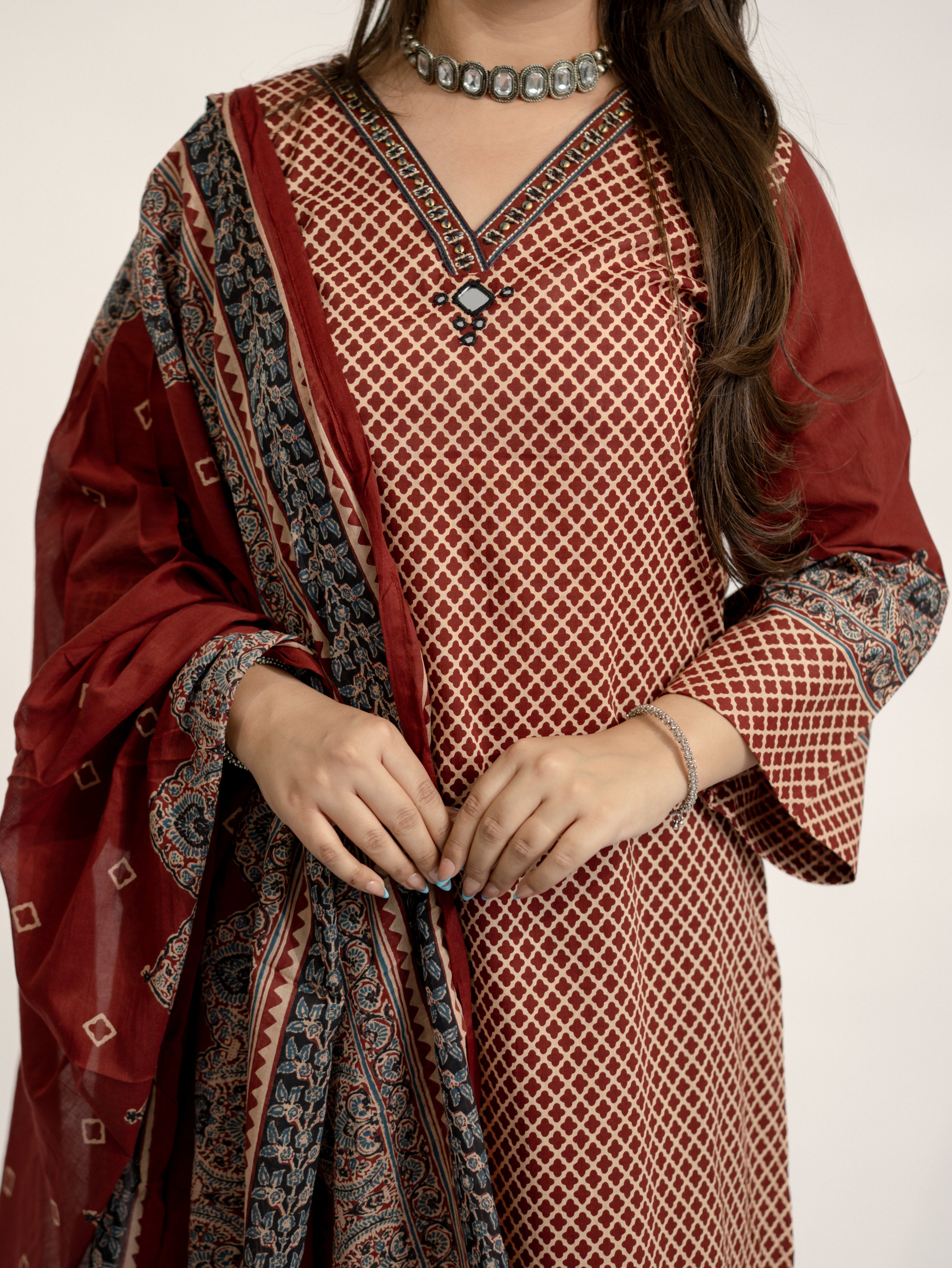 Safa Red Ajrakh Cotton HandEmbroidered Dupatta Set