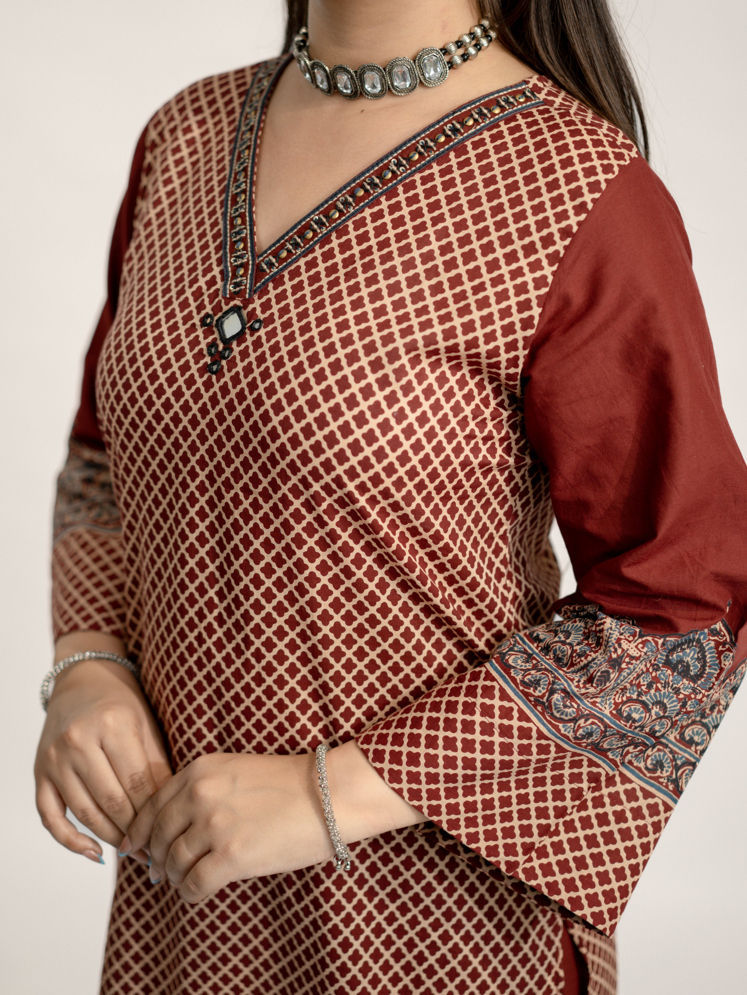 Safa Red Ajrakh Cotton HandEmbroidered Dupatta Set