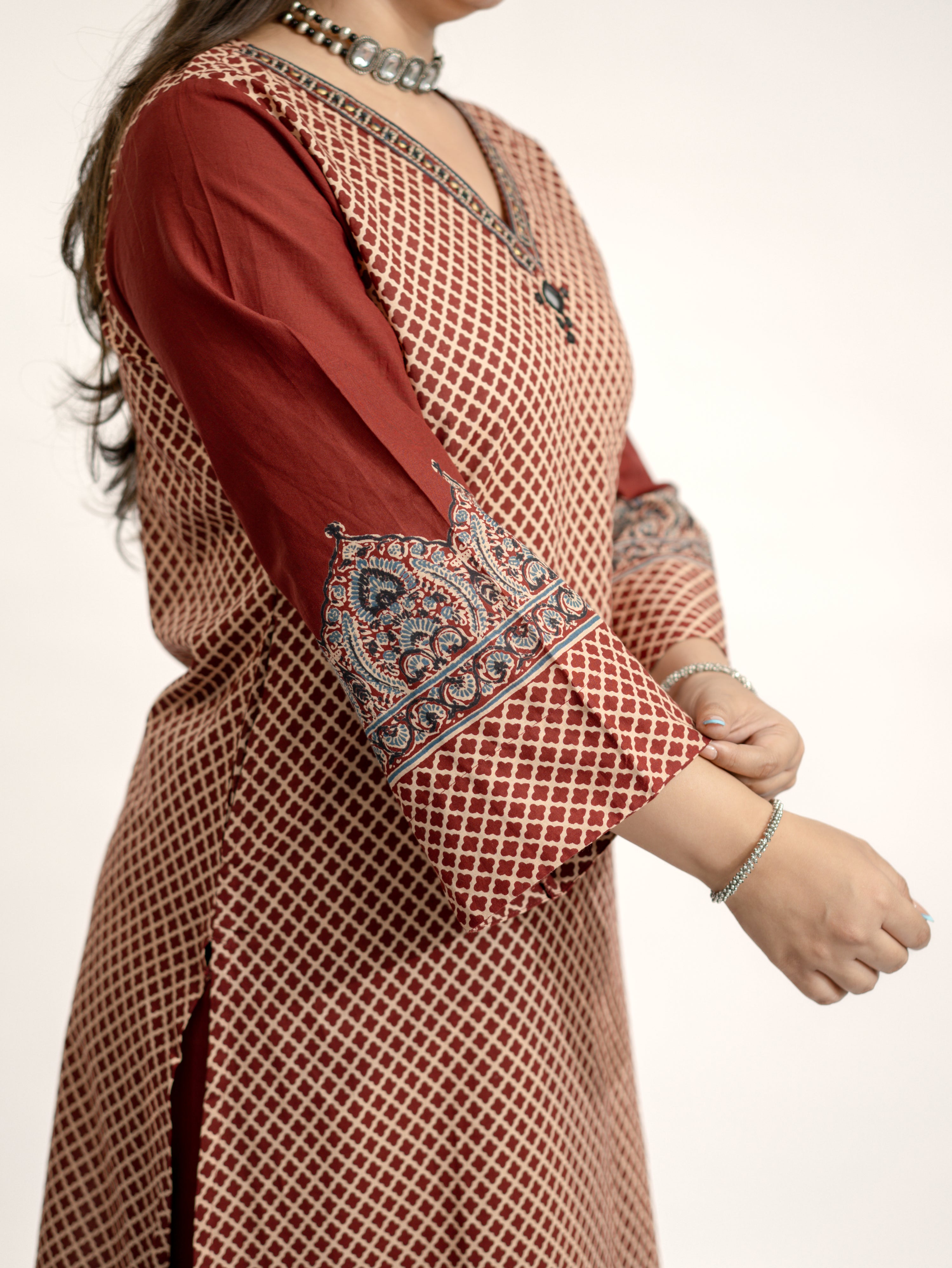 Safa Red Ajrakh Cotton HandEmbroidered Dupatta Set