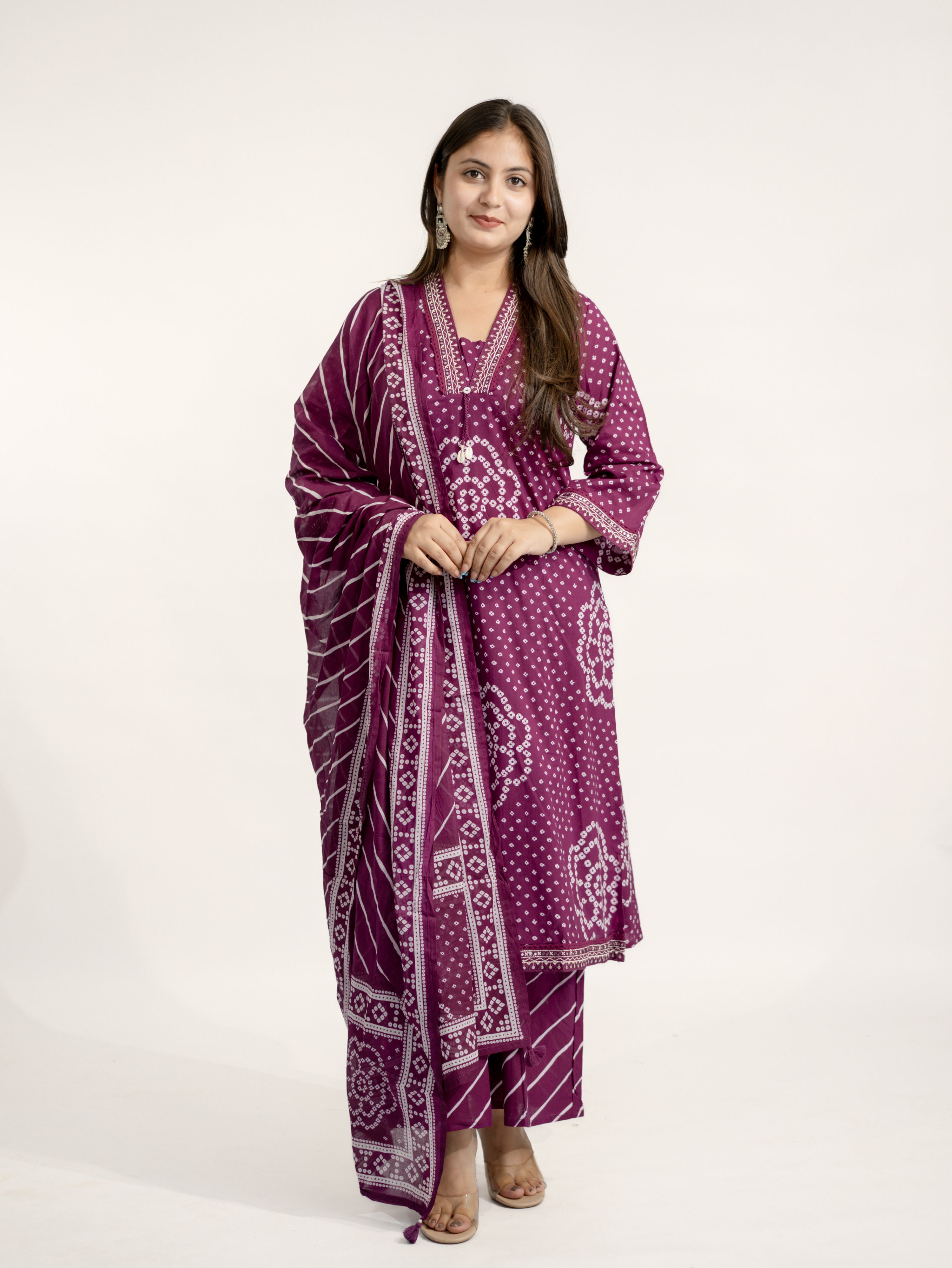 Srisha Wine Cotton Bandhani Leheriya Dupatta Set