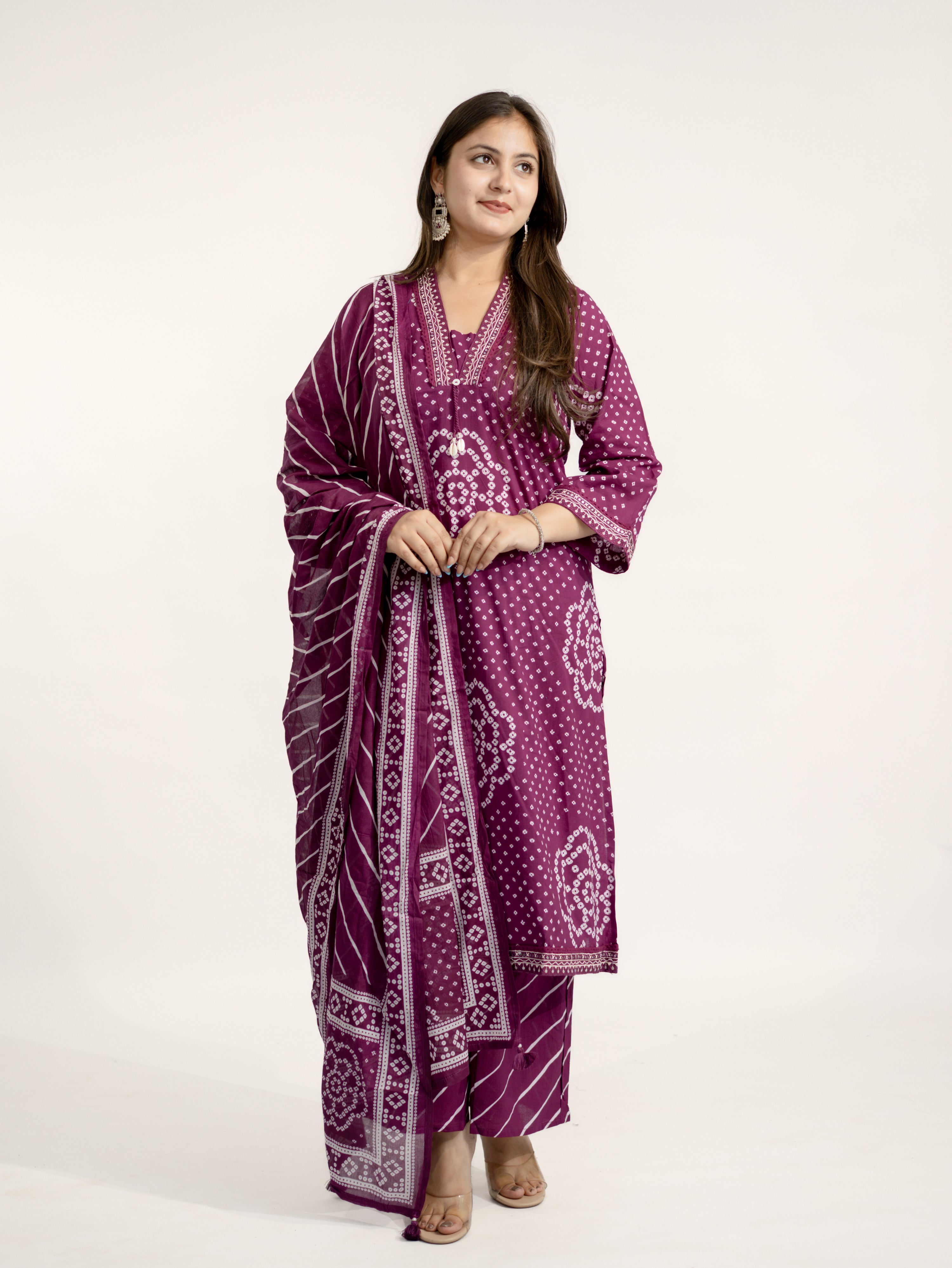 Srisha Wine Cotton Bandhani Leheriya Dupatta Set