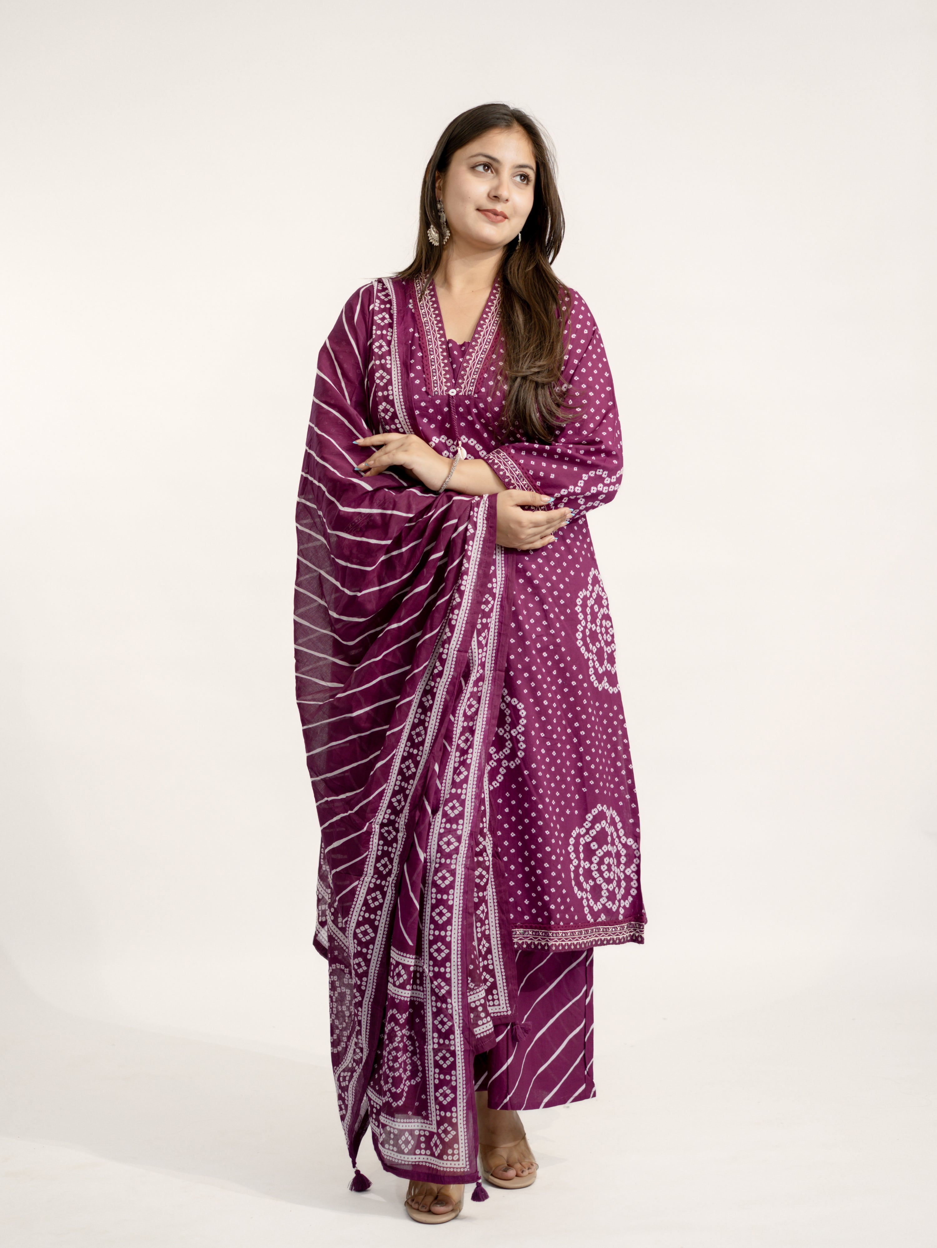 Srisha Wine Cotton Bandhani Leheriya Dupatta Set