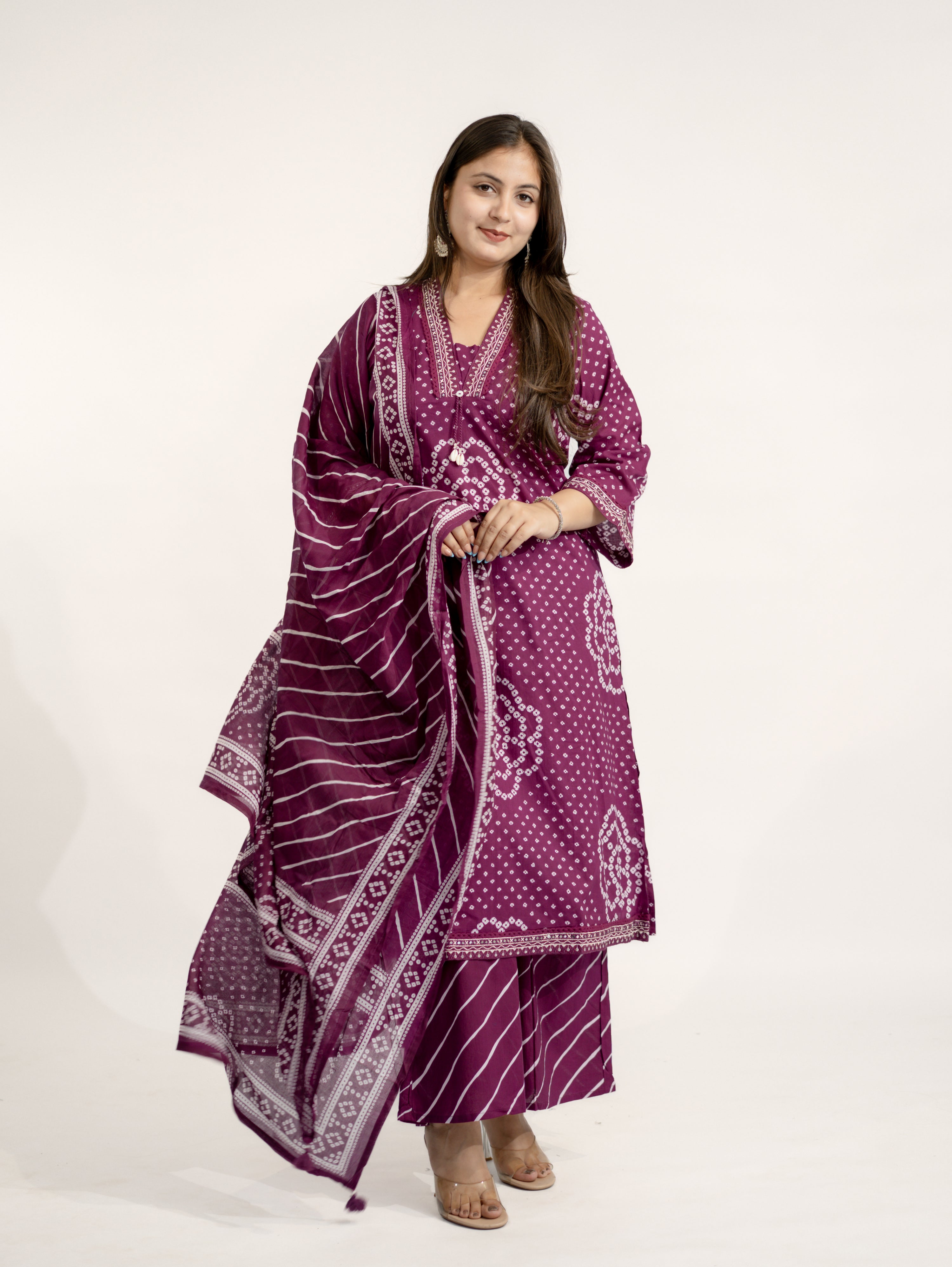 Srisha Wine Cotton Bandhani Leheriya Dupatta Set