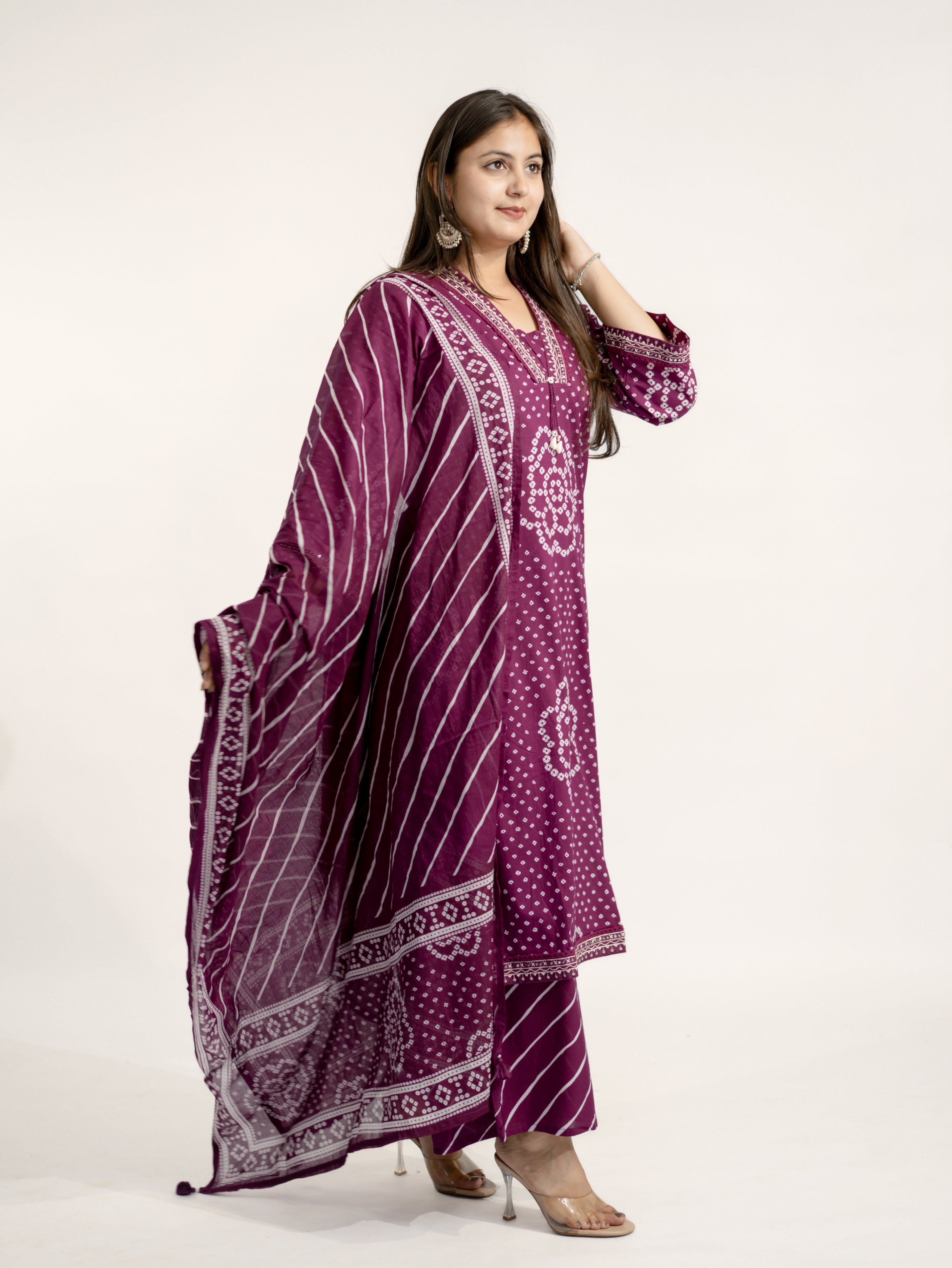Srisha Wine Cotton Bandhani Leheriya Dupatta Set