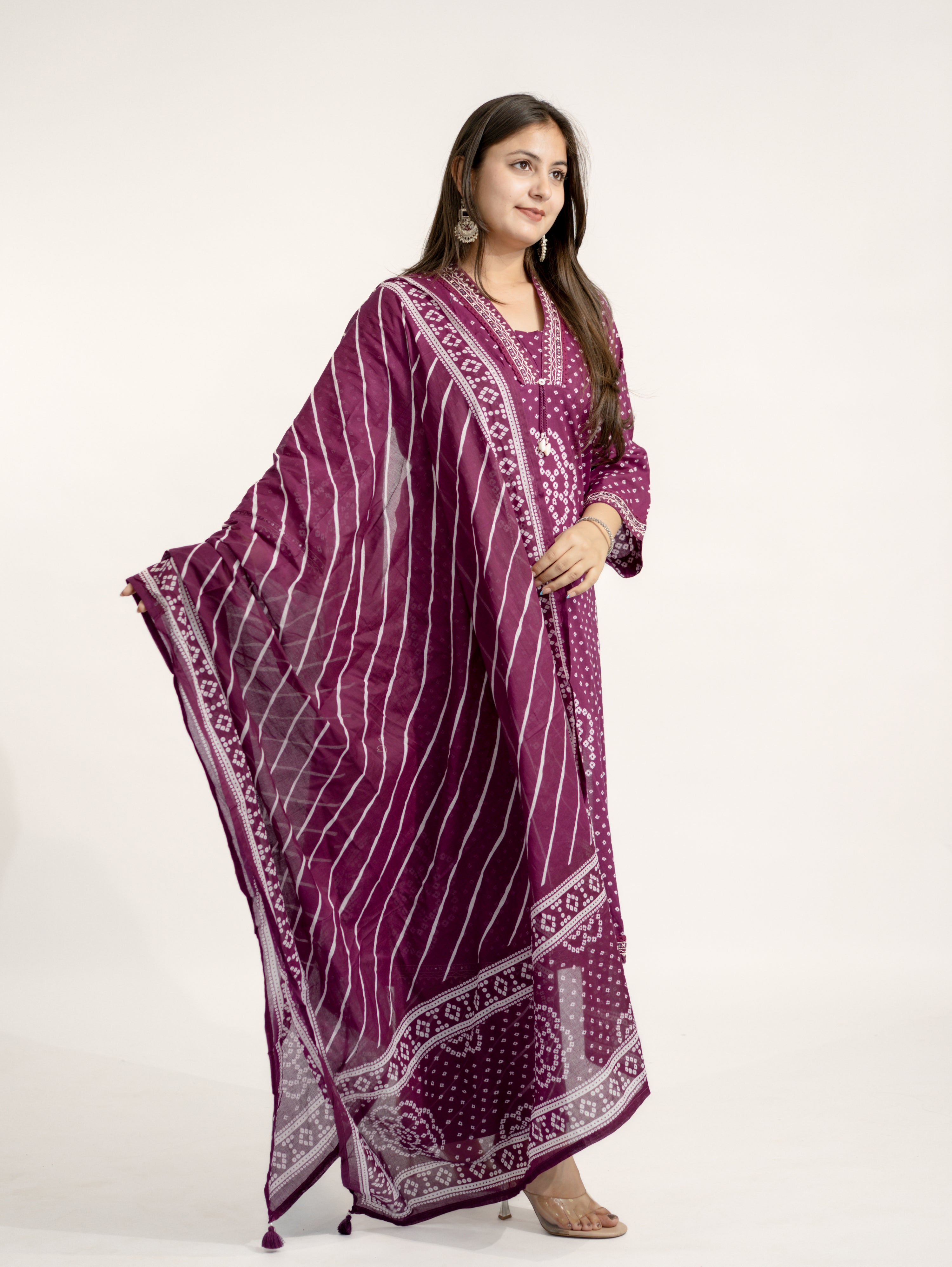 Srisha Wine Cotton Bandhani Leheriya Dupatta Set
