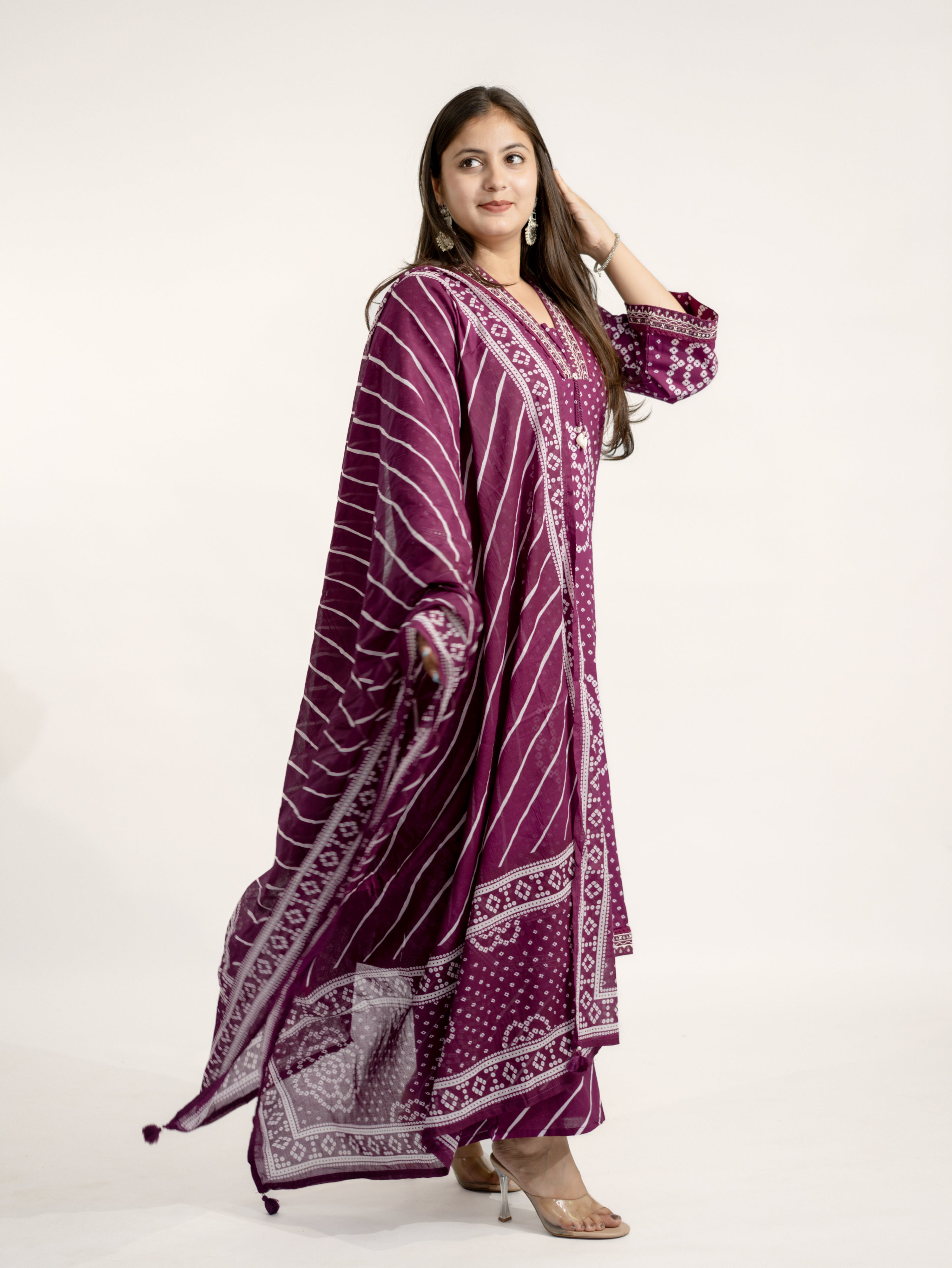 Srisha Wine Cotton Bandhani Leheriya Dupatta Set