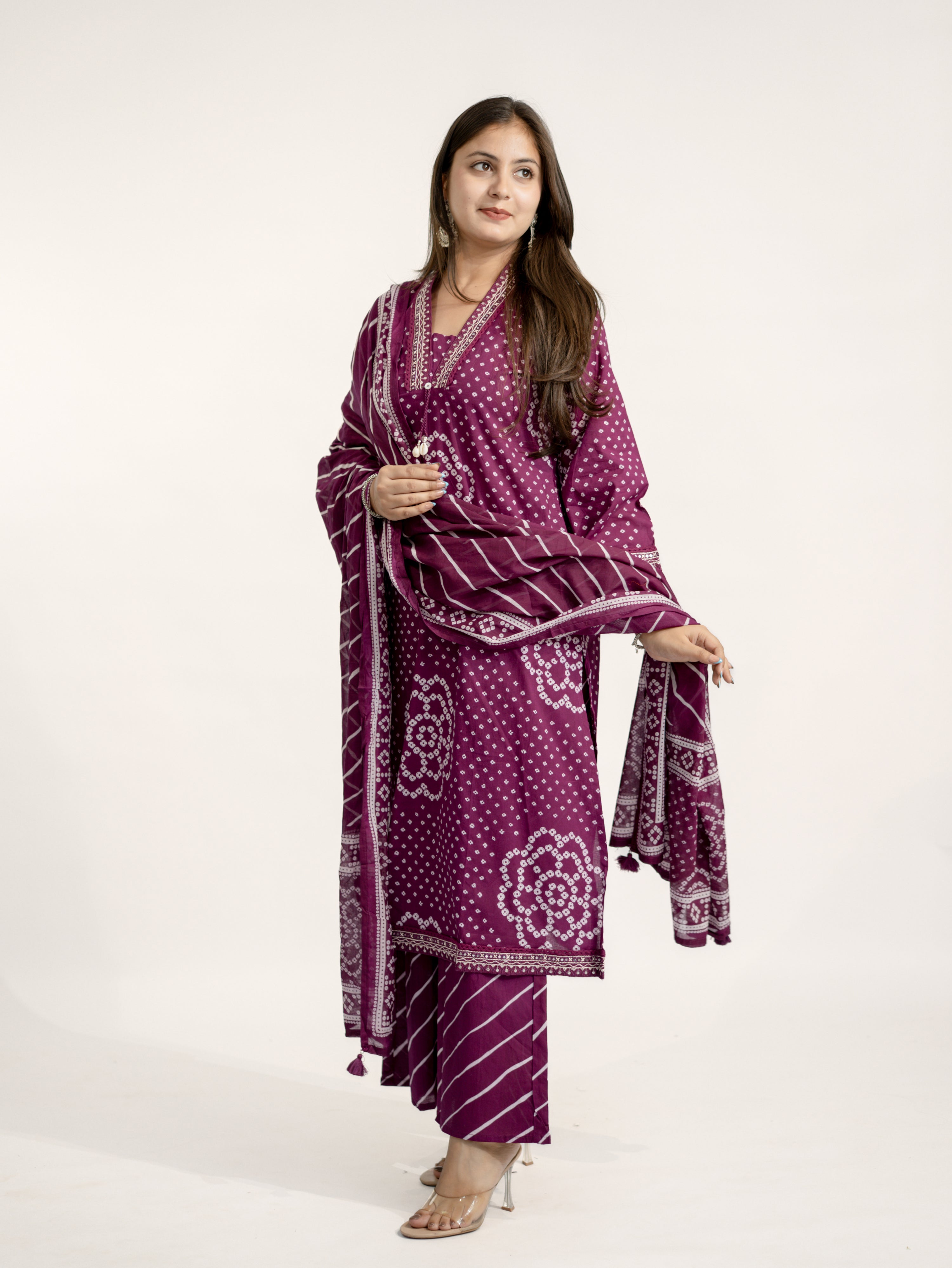 Srisha Wine Cotton Bandhani Leheriya Dupatta Set