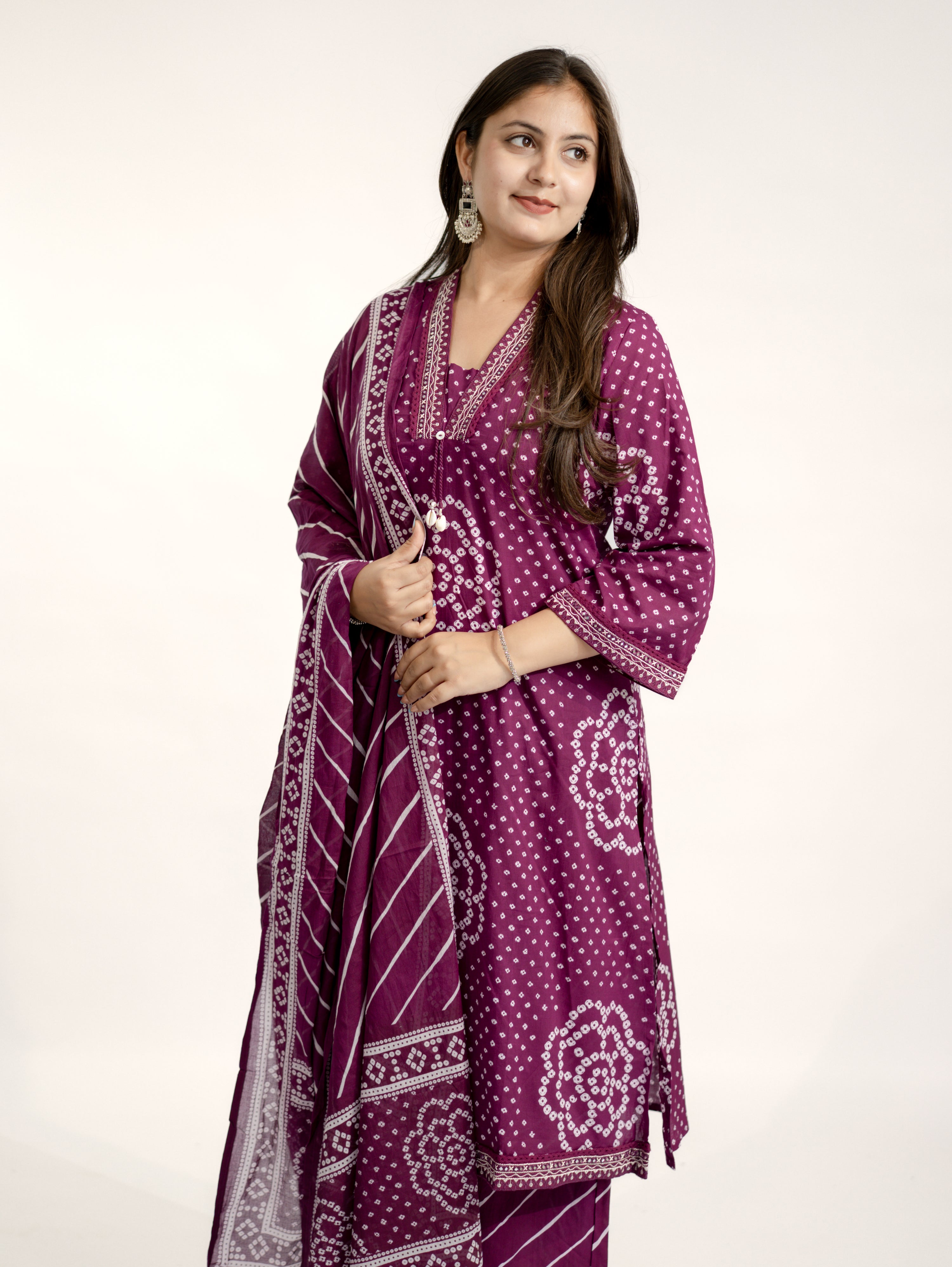 Srisha Wine Cotton Bandhani Leheriya Dupatta Set