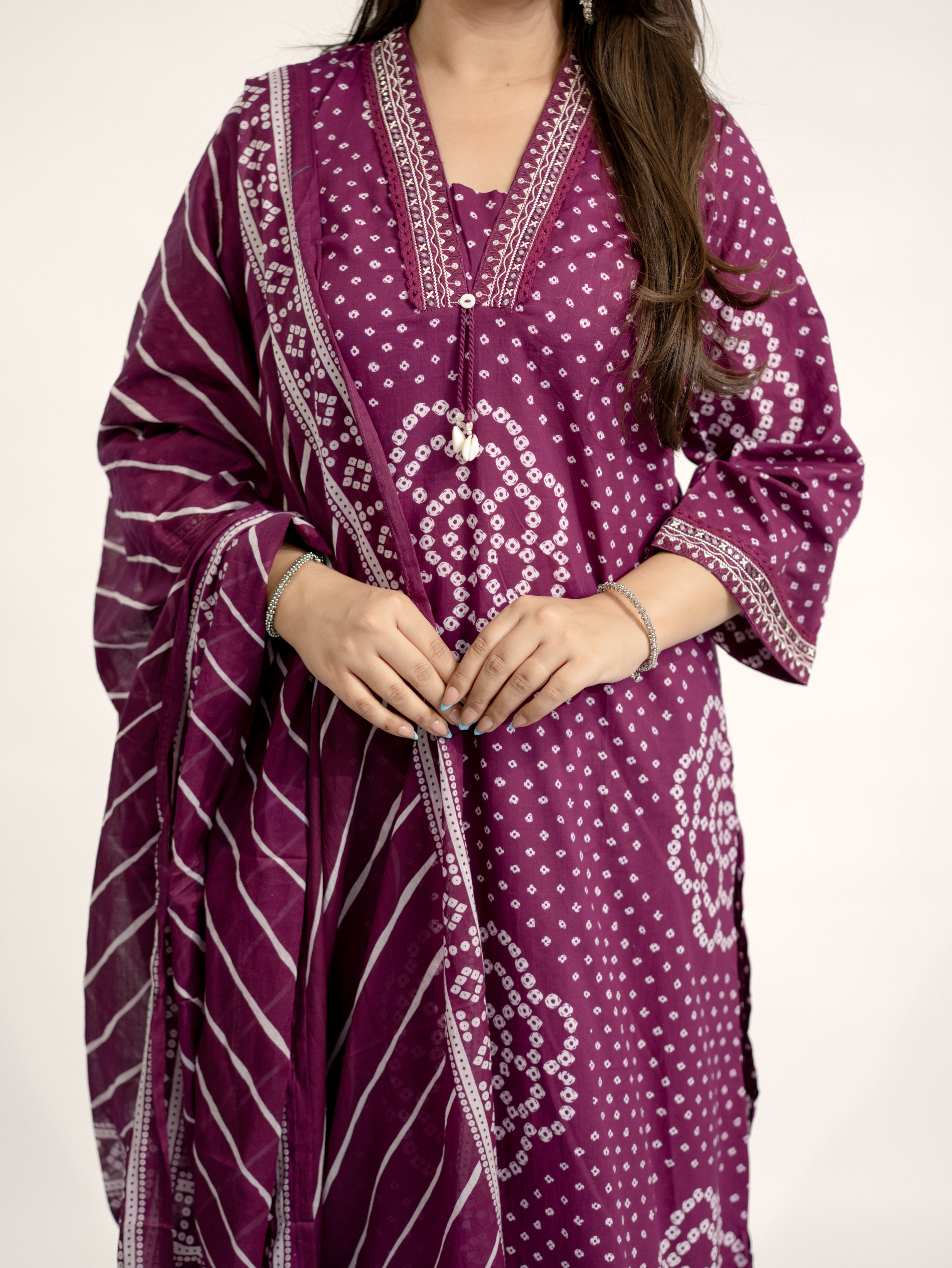 Srisha Wine Cotton Bandhani Leheriya Dupatta Set