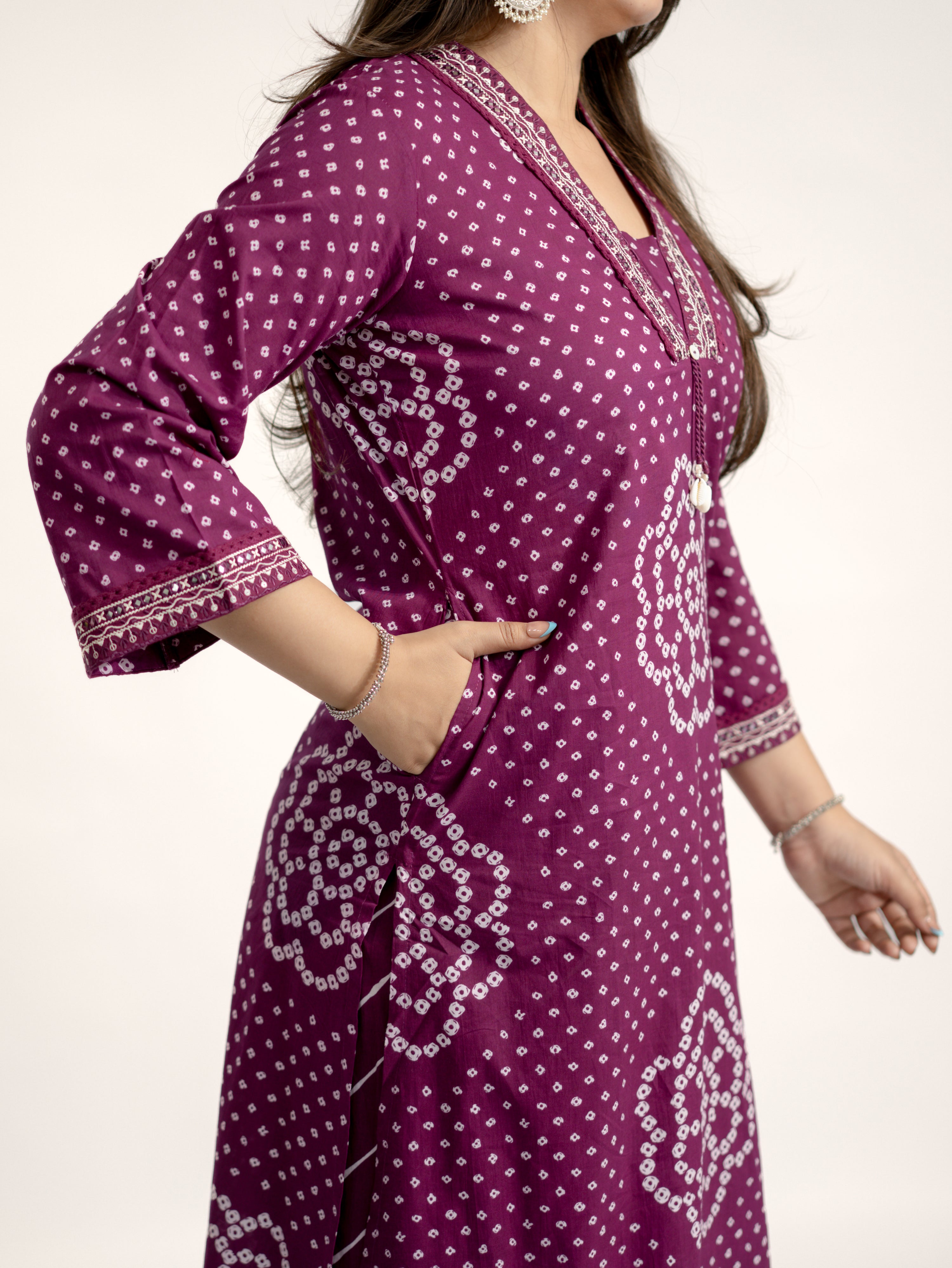 Srisha Wine Cotton Bandhani Leheriya Dupatta Set