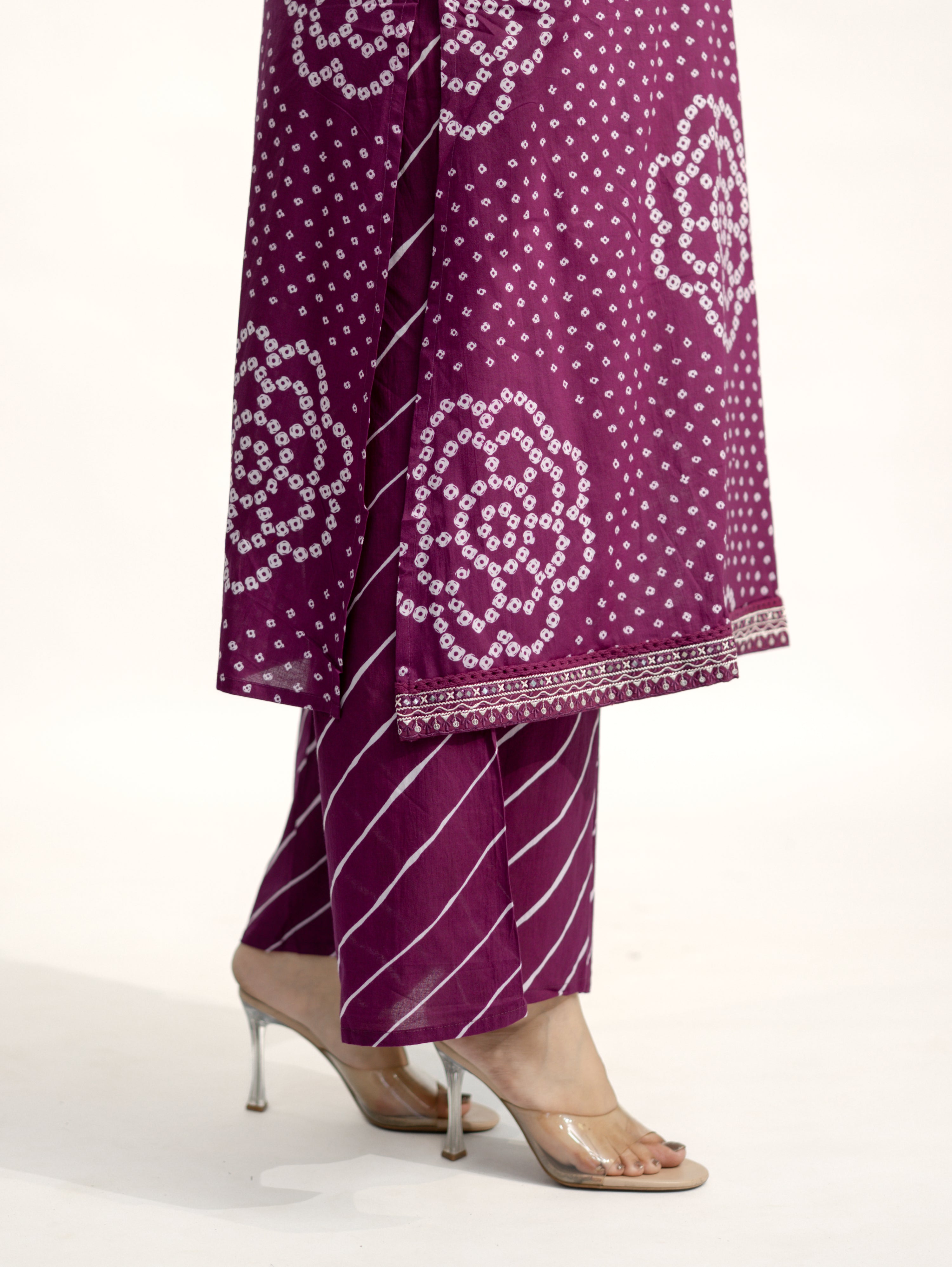 Srisha Wine Cotton Bandhani Leheriya Dupatta Set