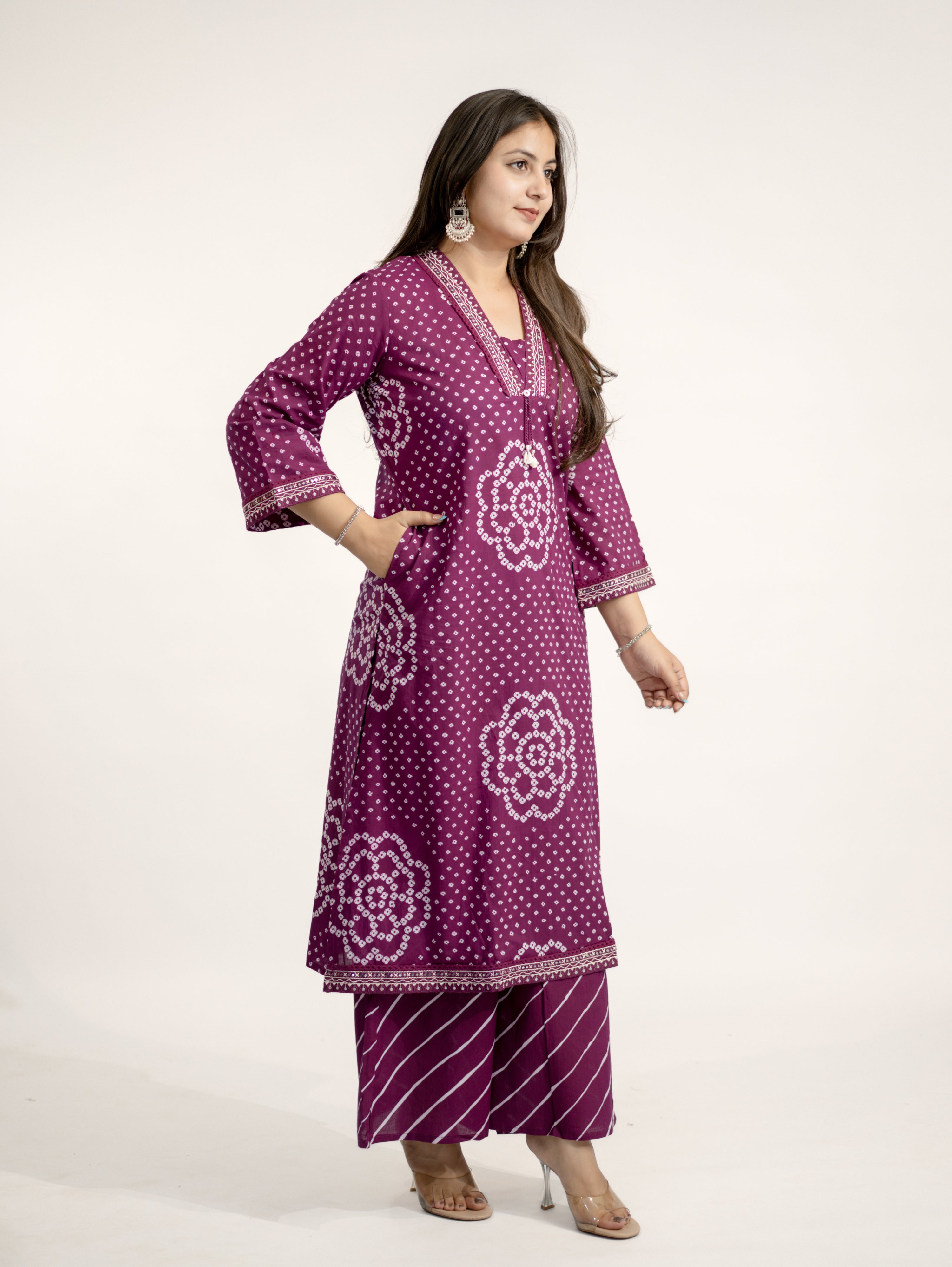 Srisha Wine Cotton Bandhani Leheriya Dupatta Set