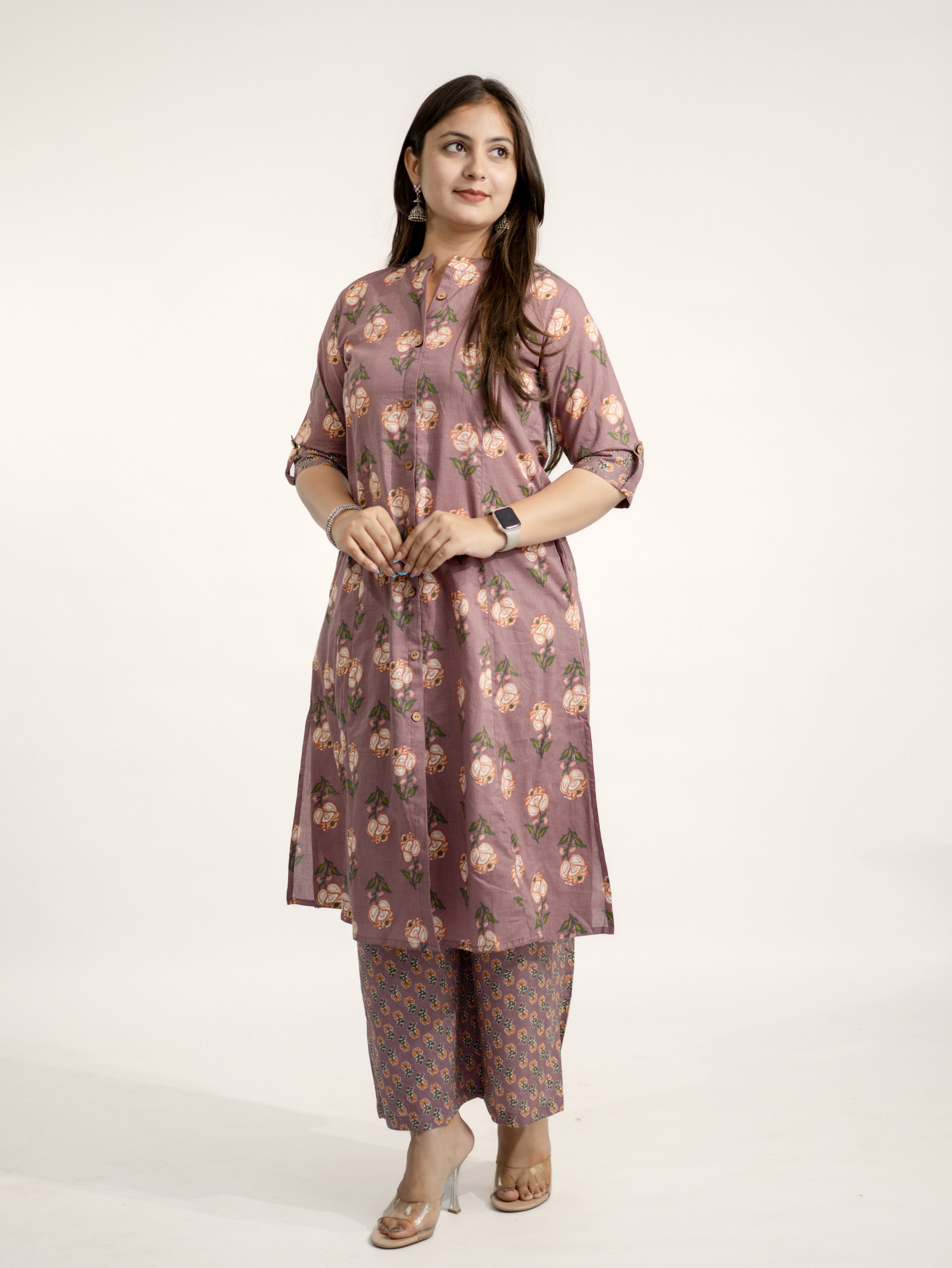 Anika Mauve Floral A-line Cotton Kurta Set