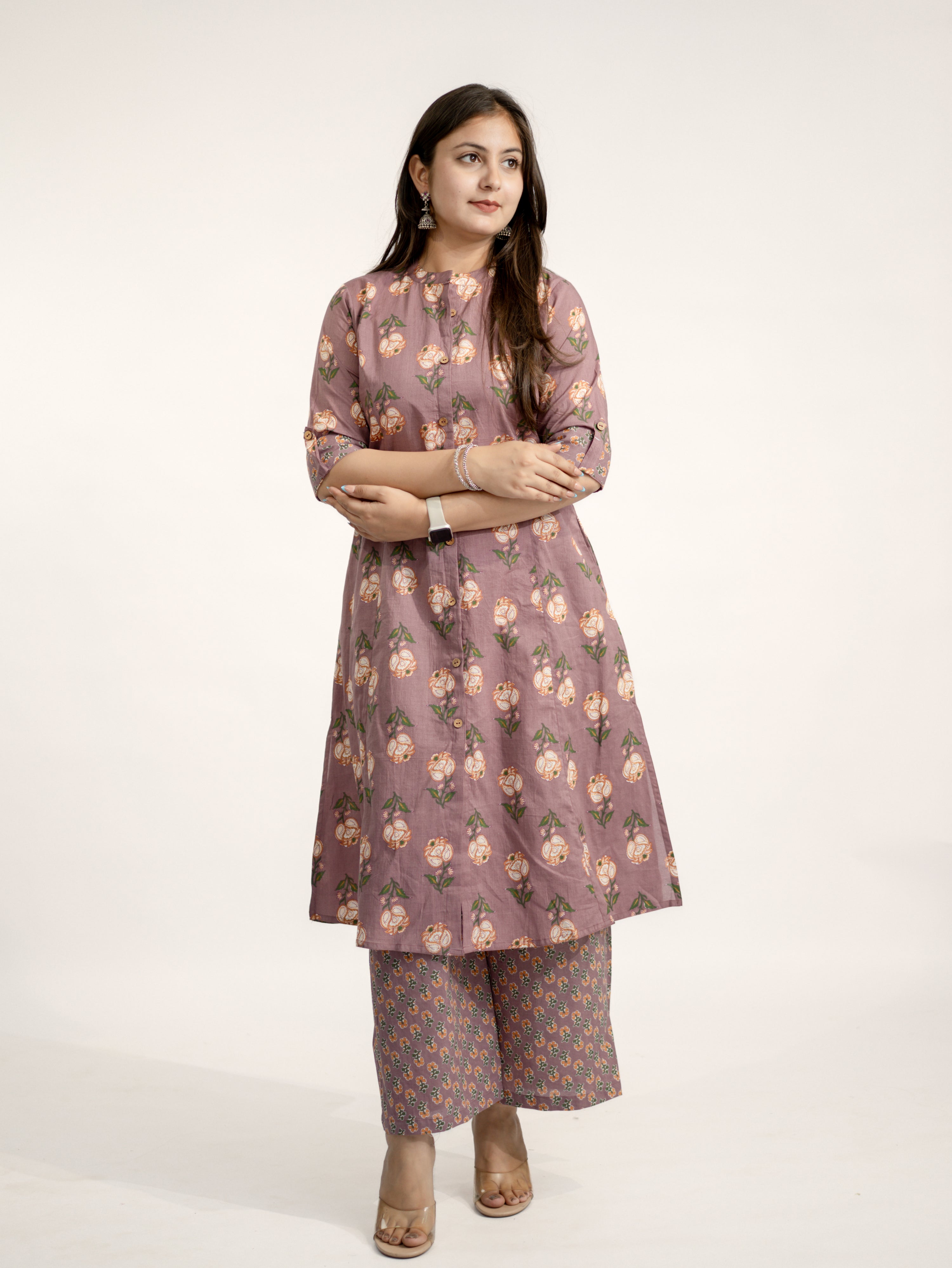 Anika Mauve Floral A-line Cotton Kurta Set