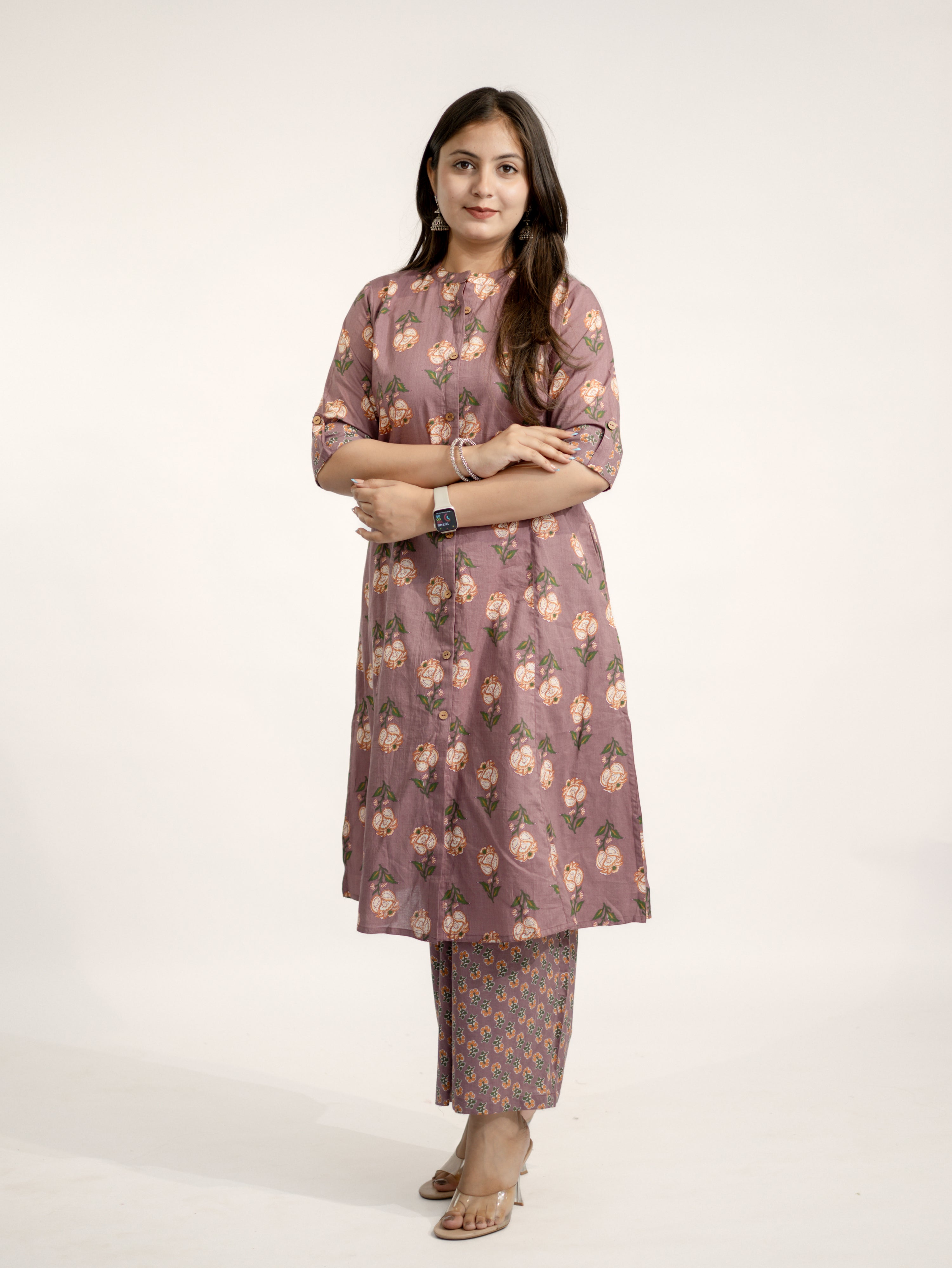 Anika Mauve Floral A-line Cotton Kurta Set