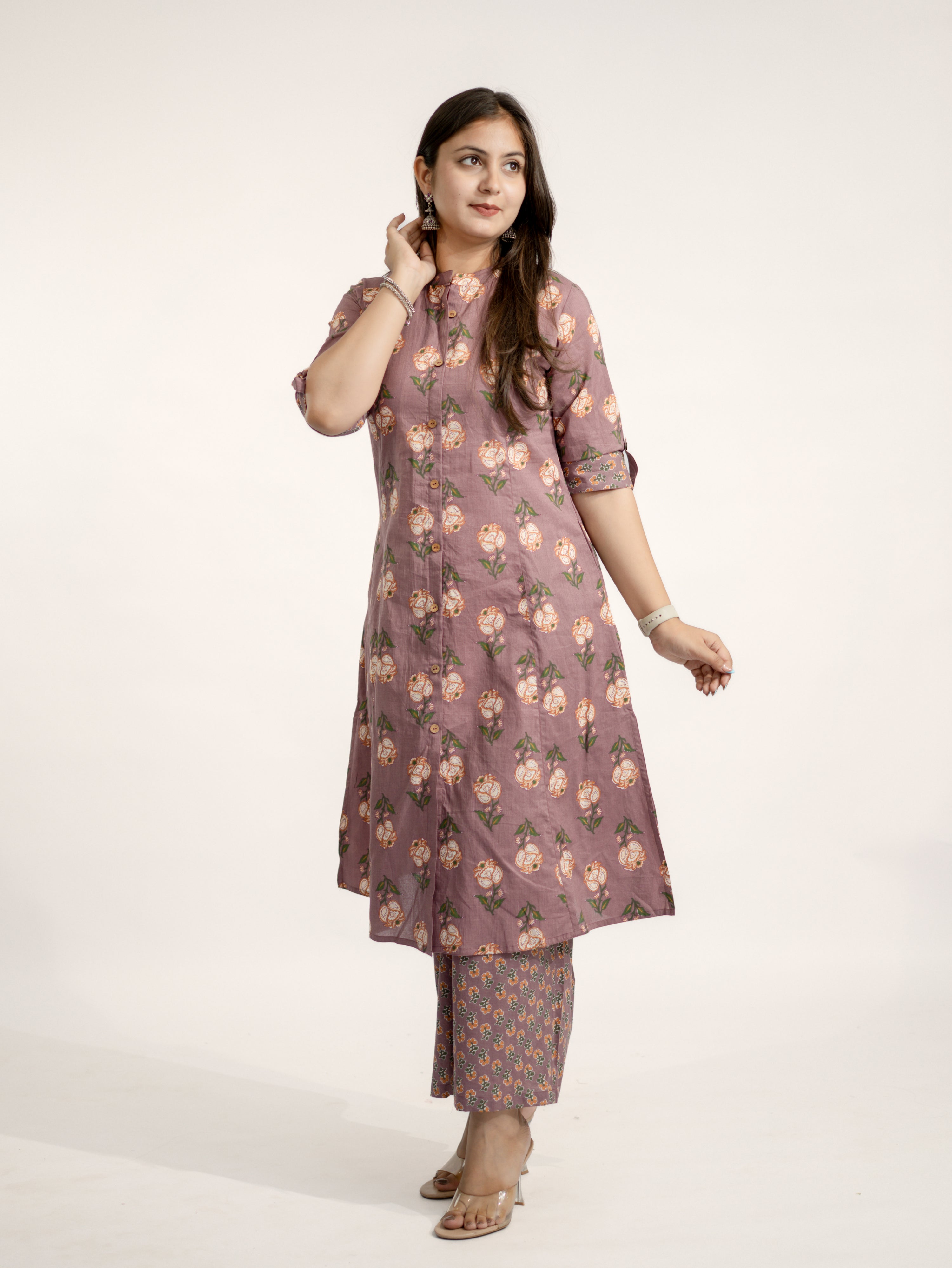 Anika Mauve Floral A-line Cotton Kurta Set