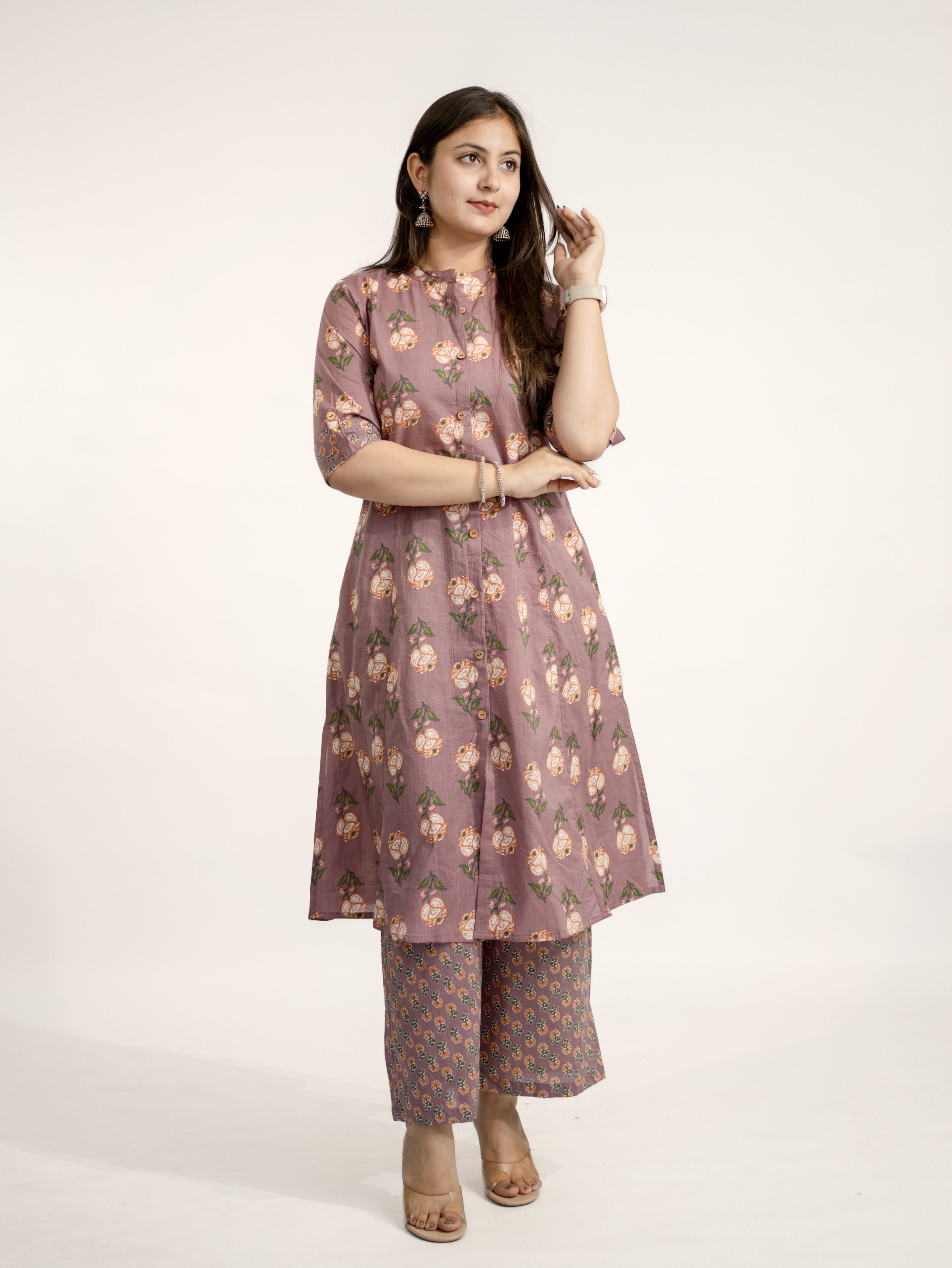 Anika Mauve Floral A-line Cotton Kurta Set