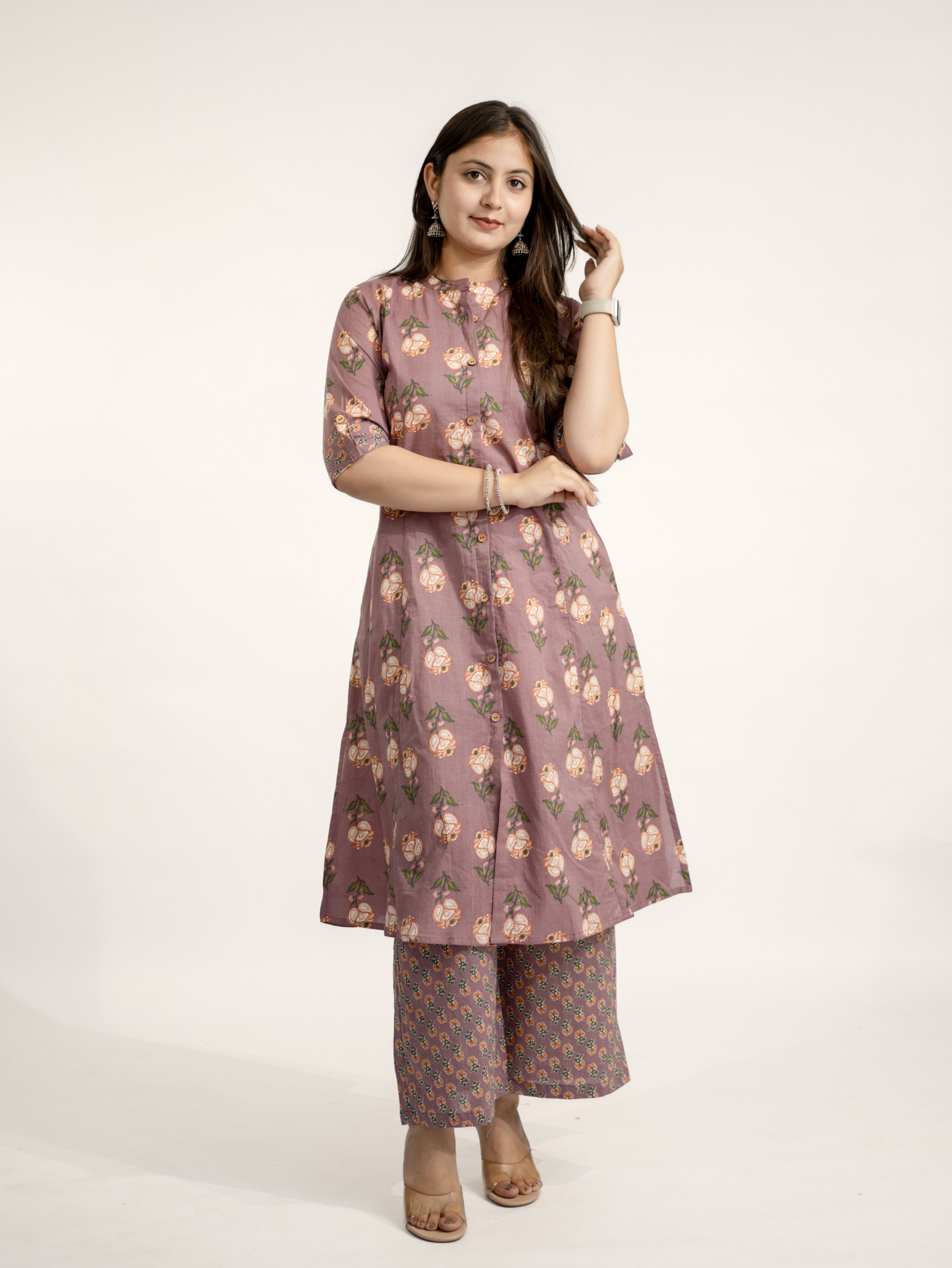Anika Mauve Floral A-line Cotton Kurta Set