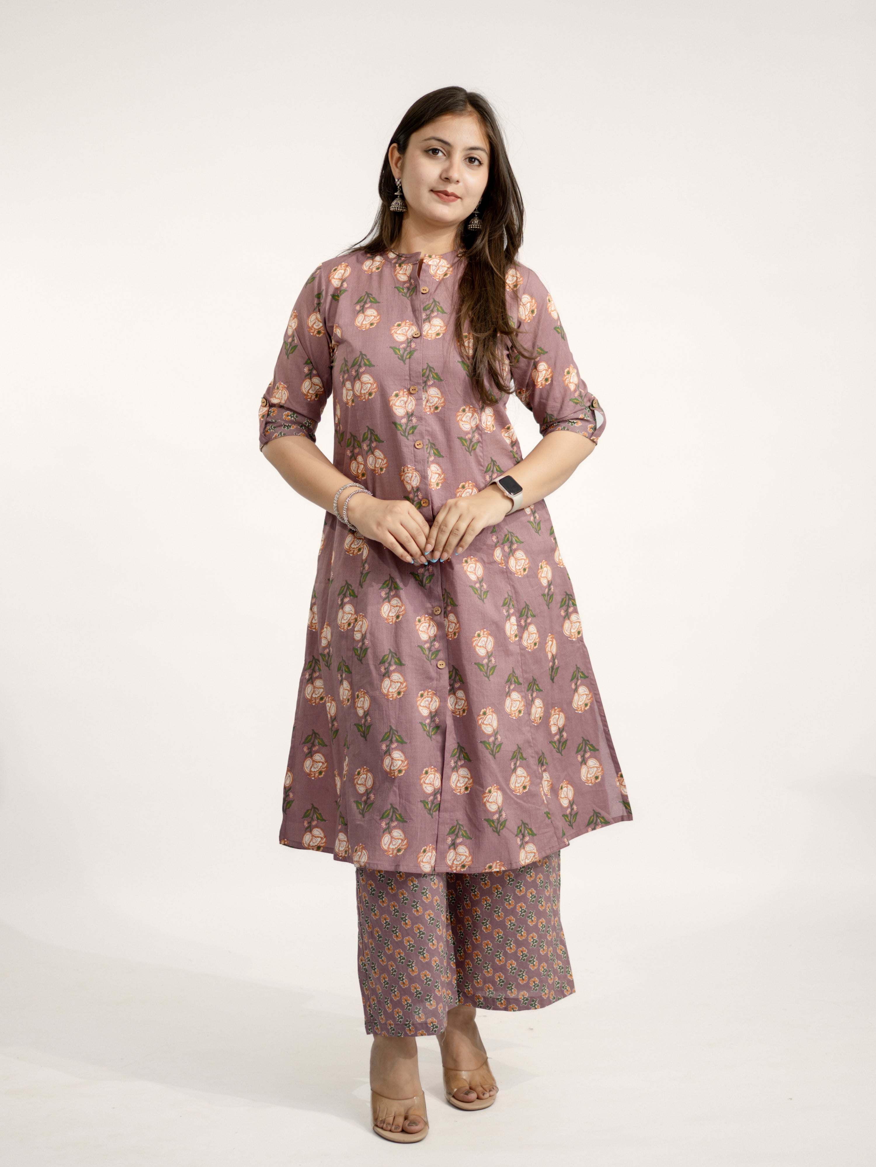 Anika Mauve Floral A-line Cotton Kurta Set