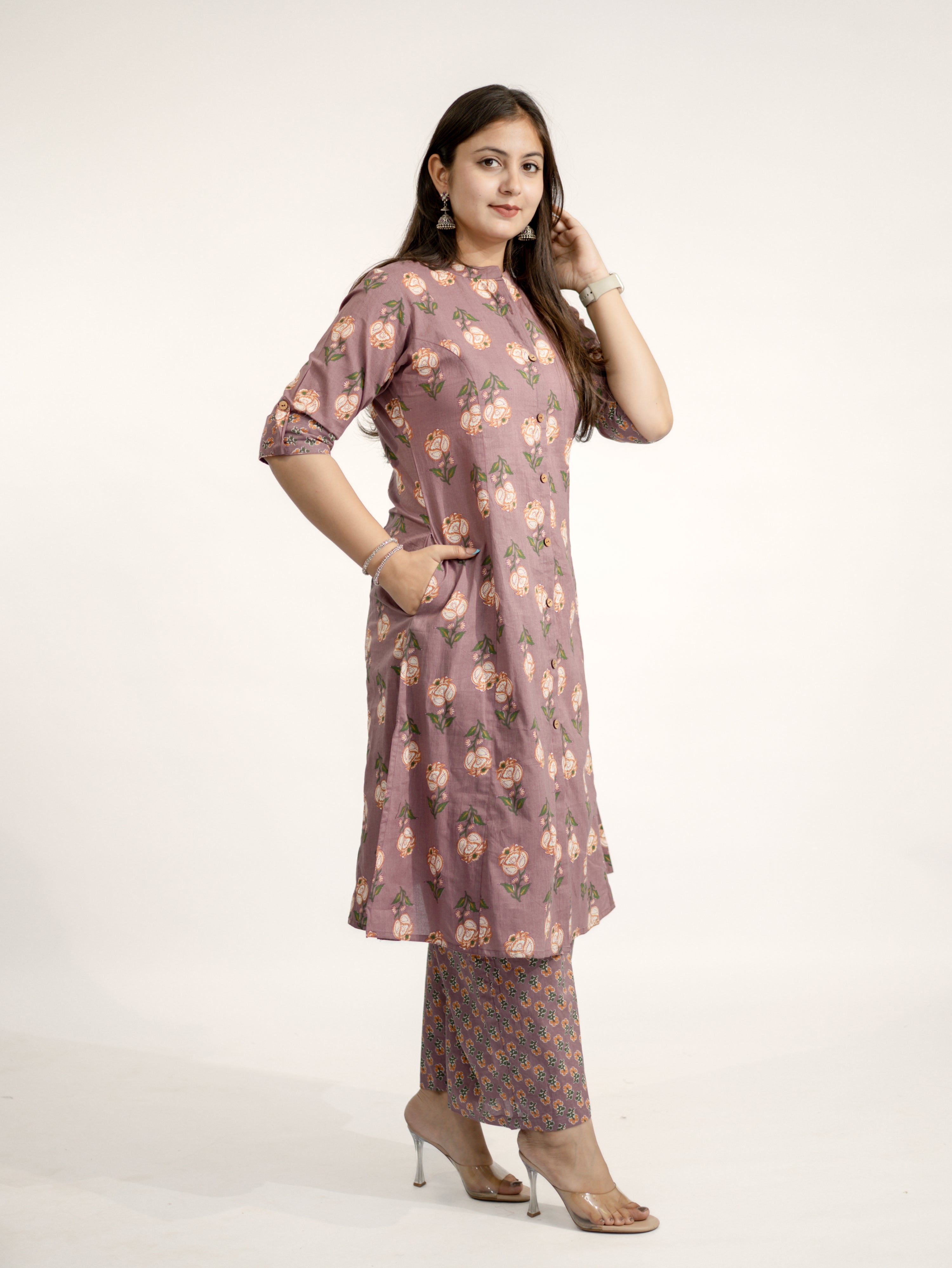 Anika Mauve Floral A-line Cotton Kurta Set
