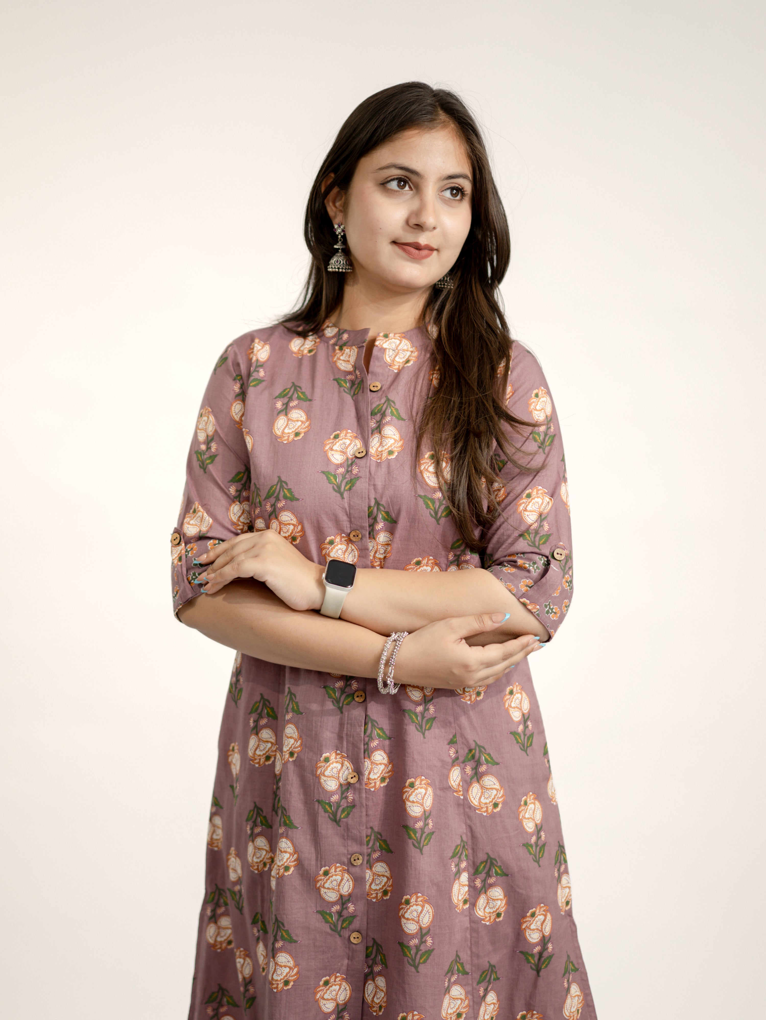 Anika Mauve Floral A-line Cotton Kurta Set