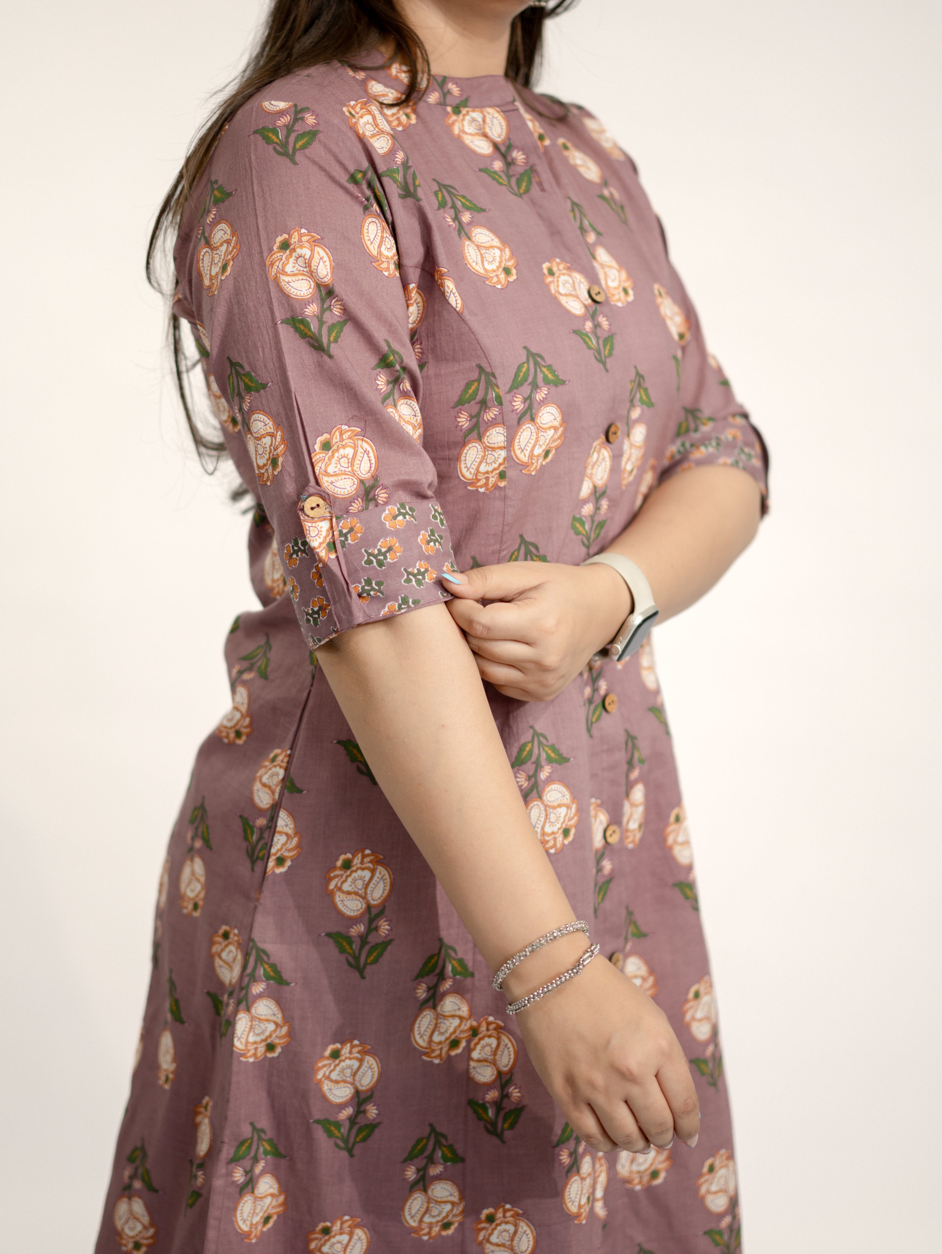 Anika Mauve Floral A-line Cotton Kurta Set