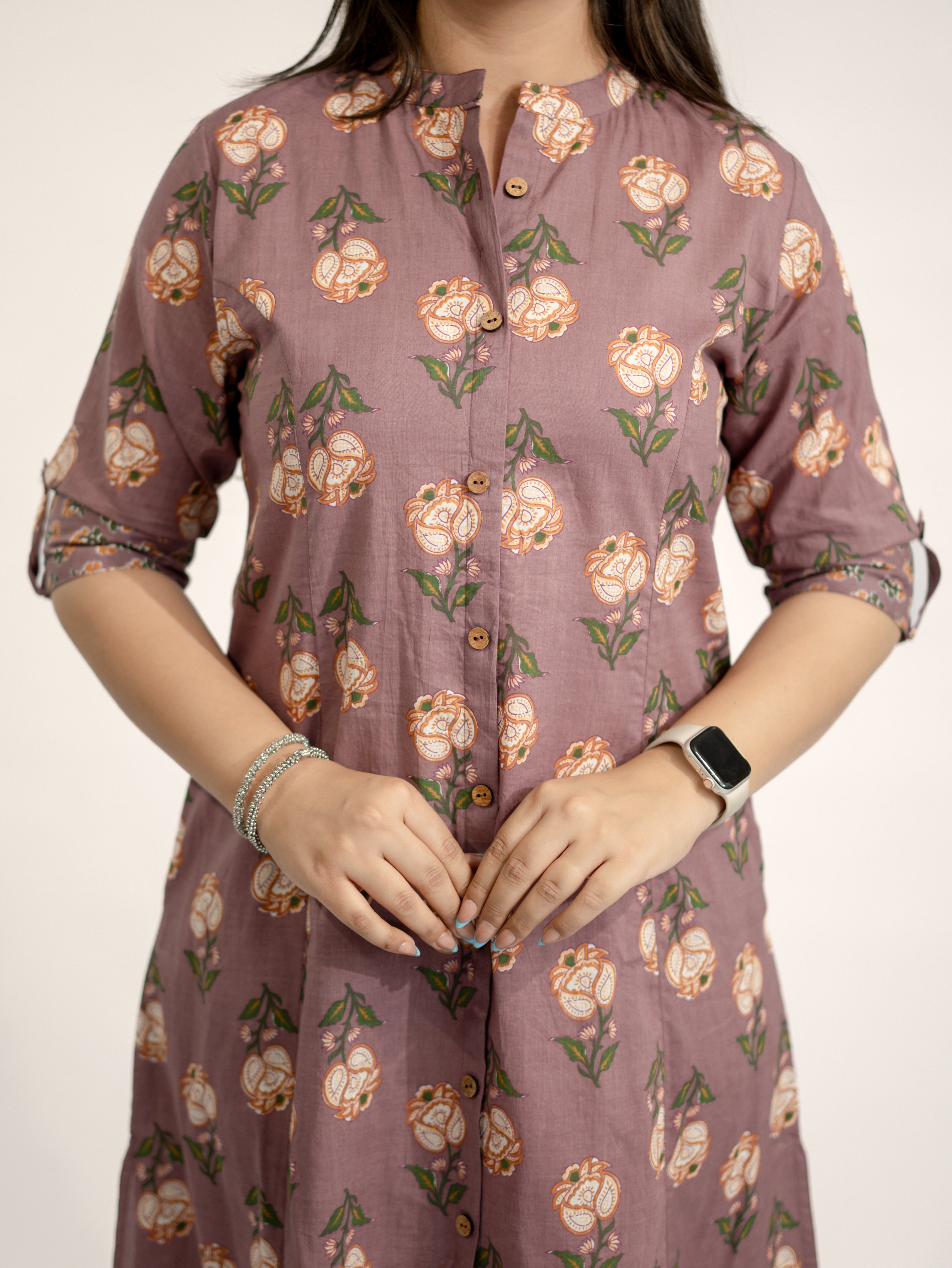 Anika Mauve Floral A-line Cotton Kurta Set