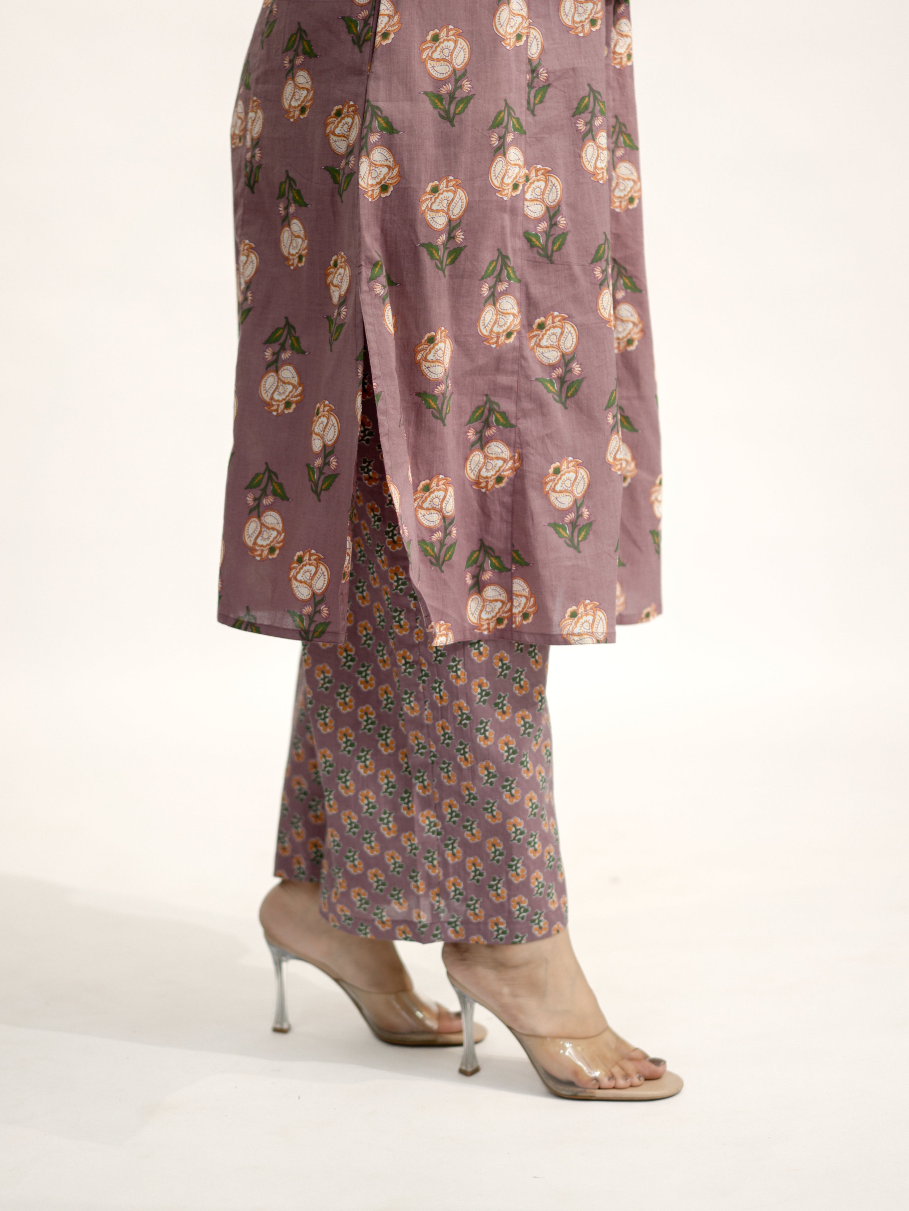 Anika Mauve Floral A-line Cotton Kurta Set