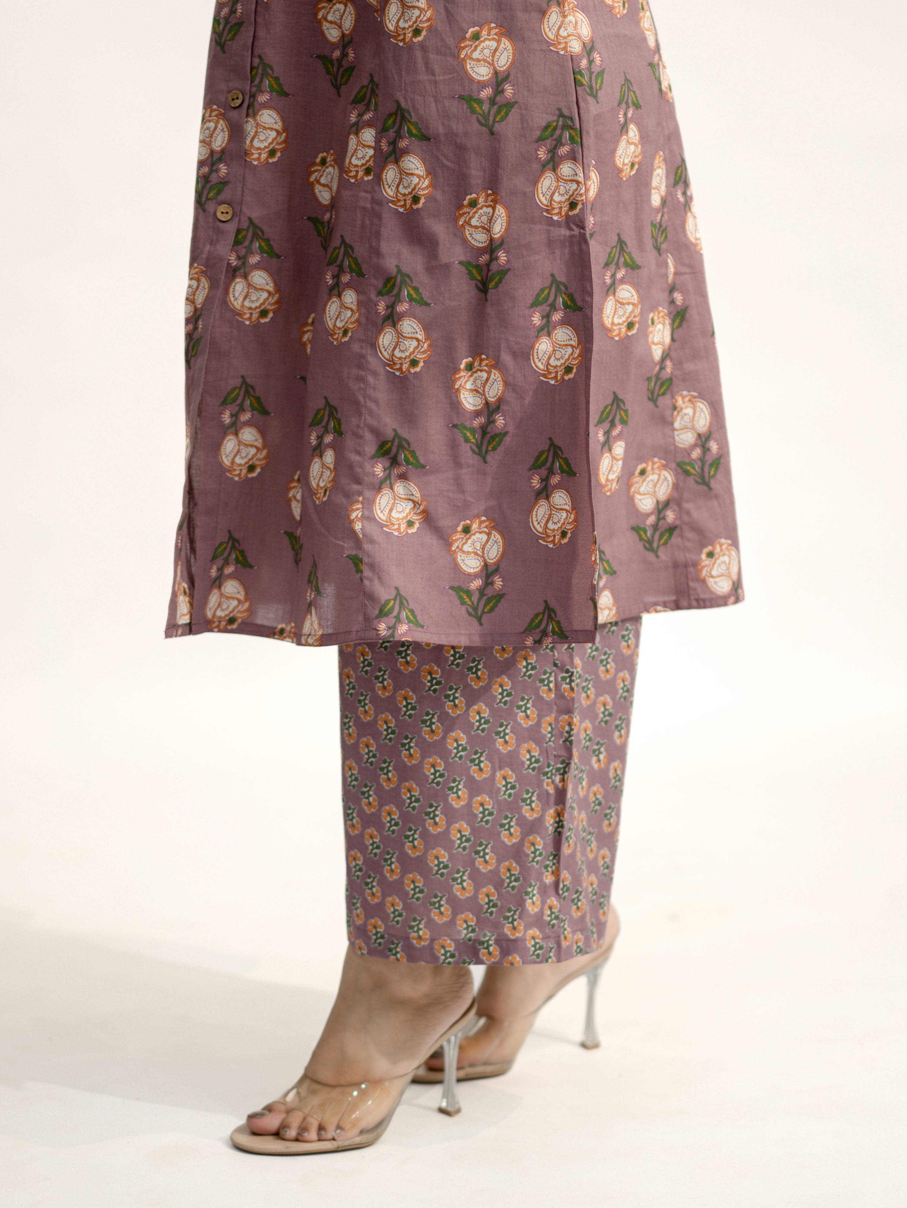 Anika Mauve Floral A-line Cotton Kurta Set