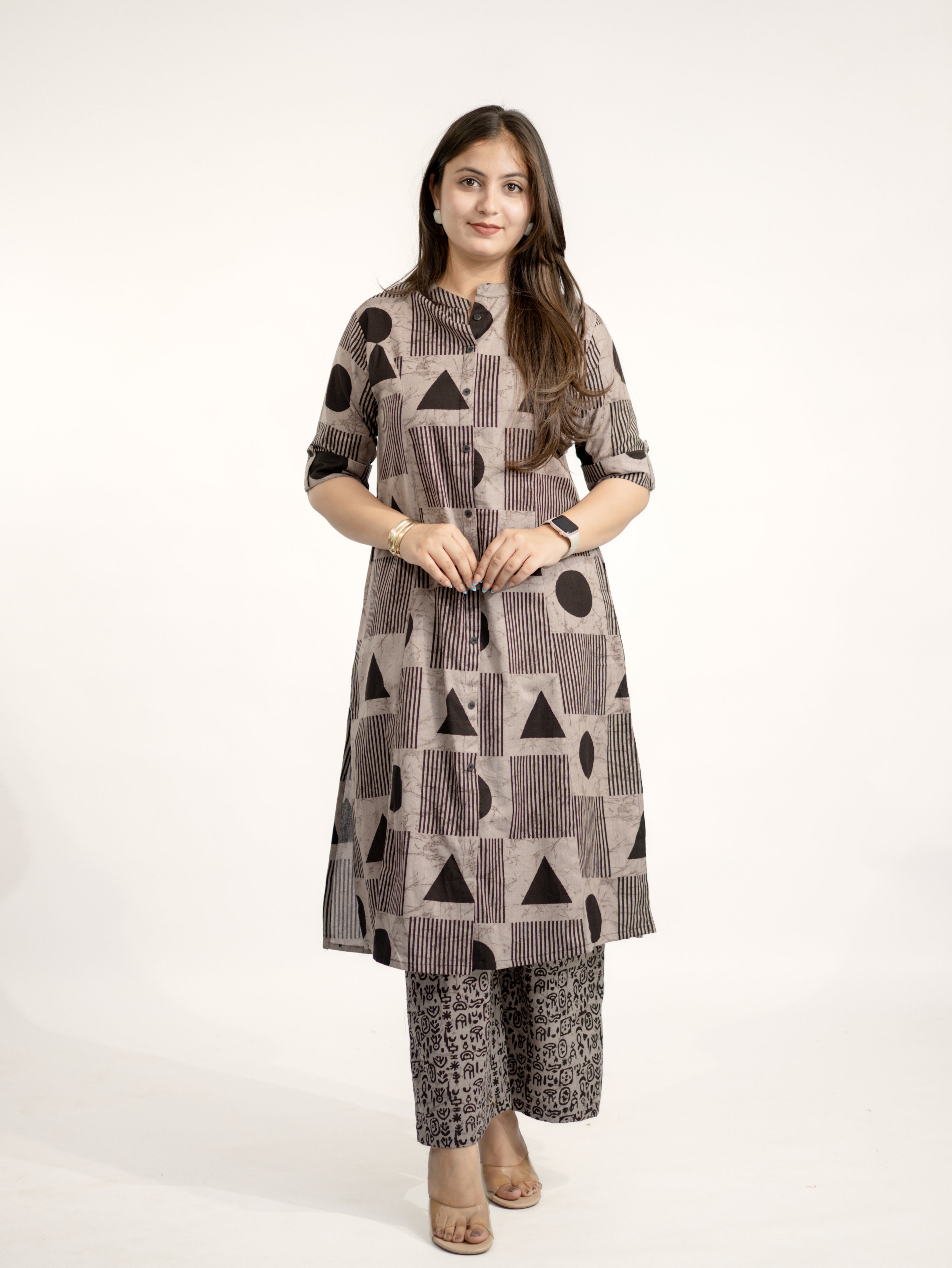 Hazel Grey Geometric A-line Cotton Kurta Set