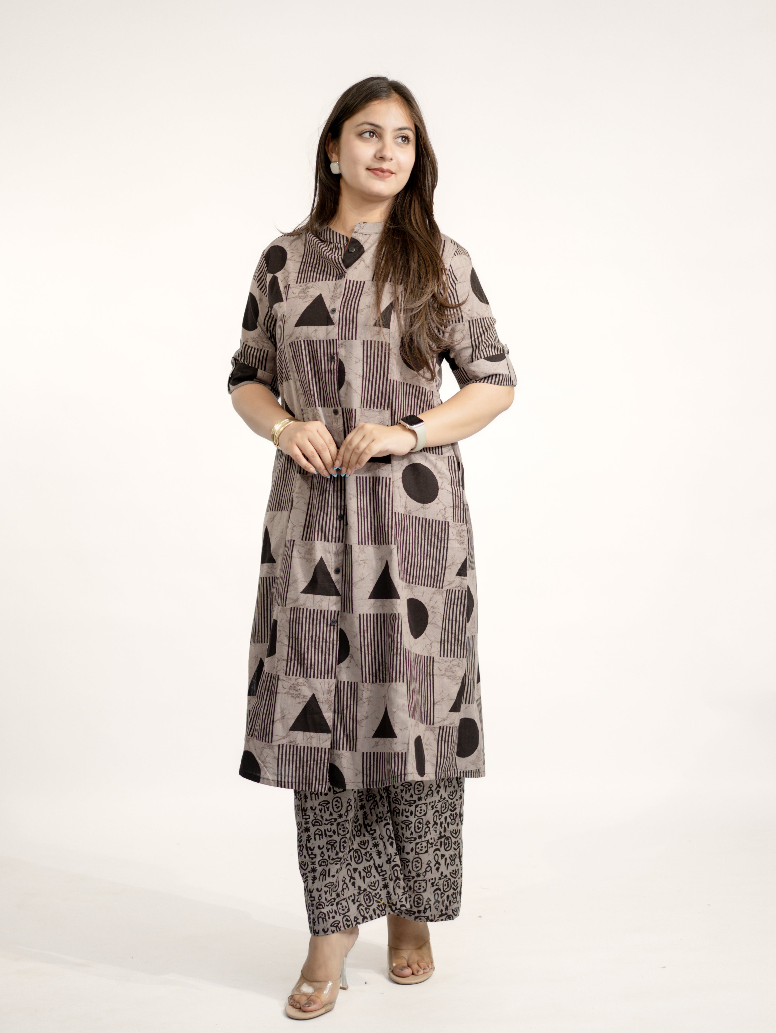 Hazel Grey Geometric A-line Cotton Kurta Set