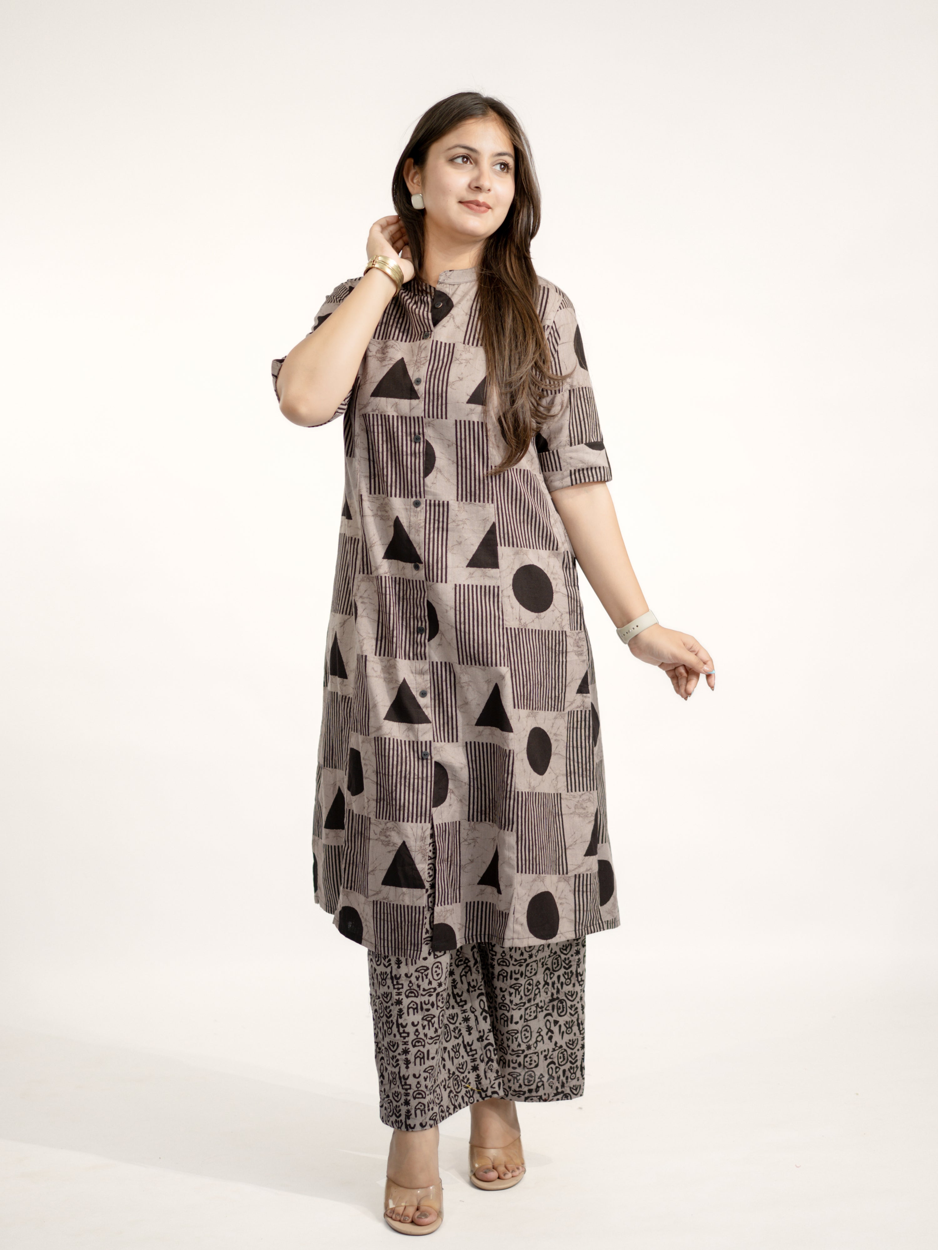 Hazel Grey Geometric A-line Cotton Kurta Set