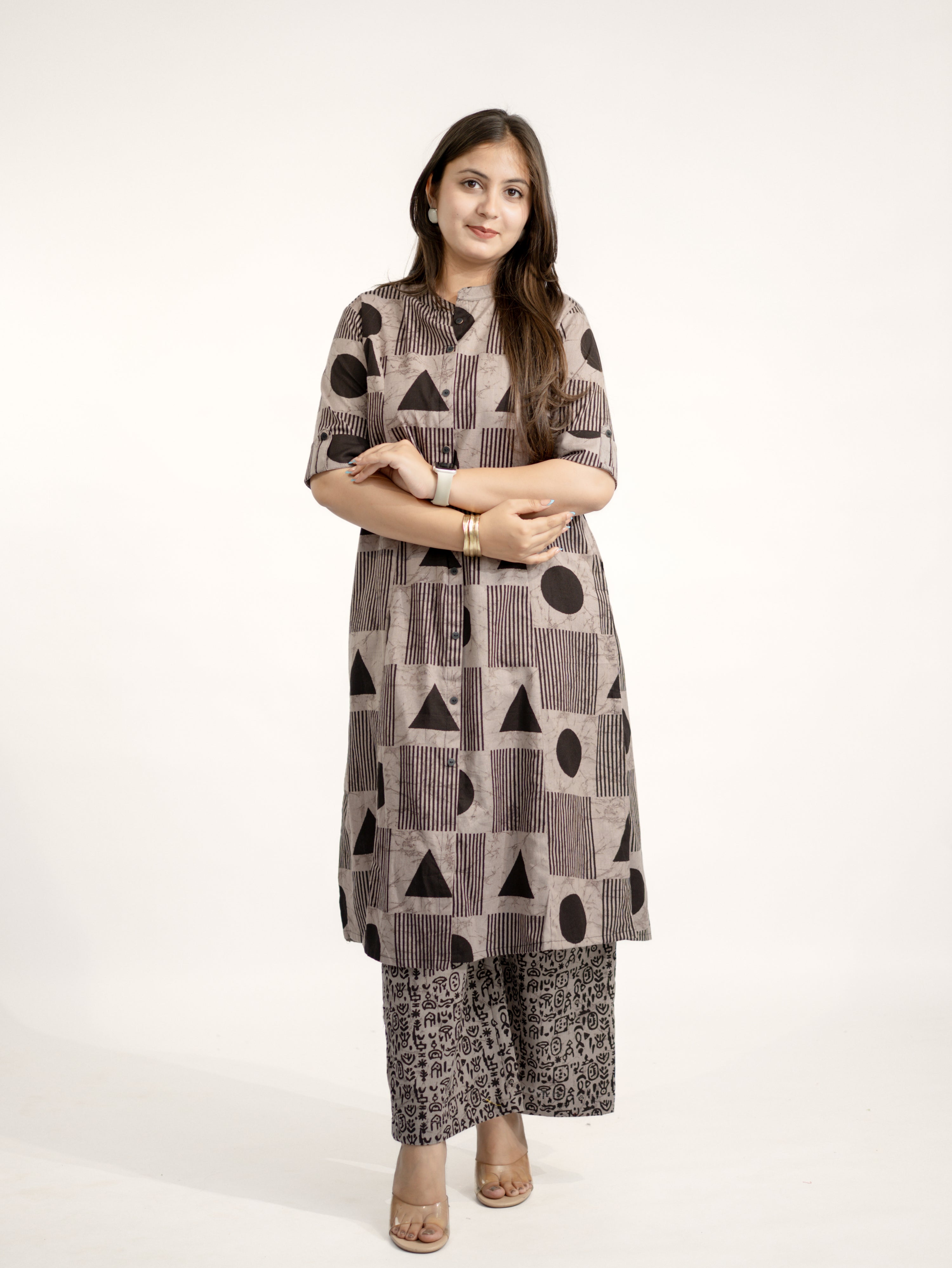Hazel Grey Geometric A-line Cotton Kurta Set