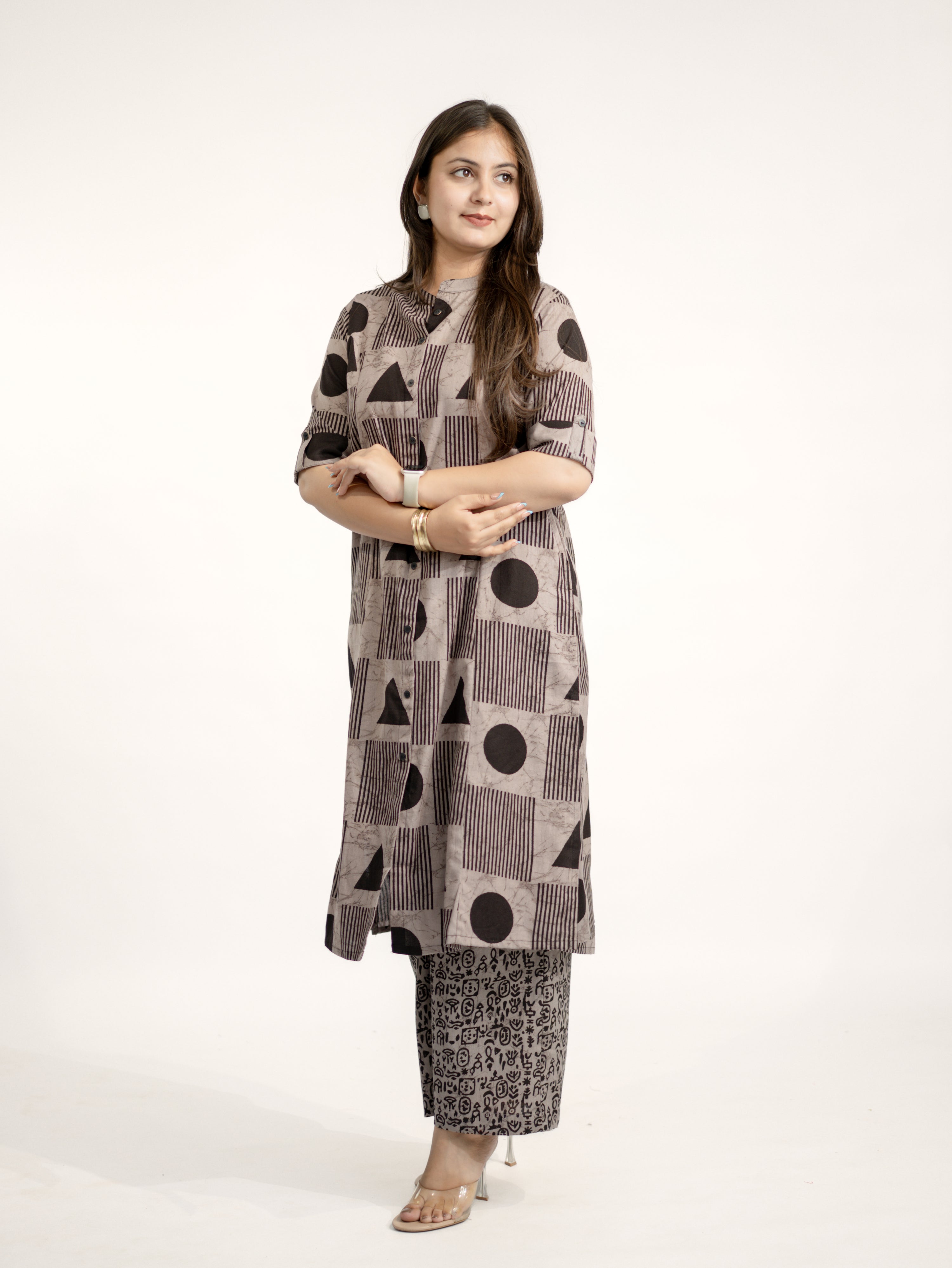 Hazel Grey Geometric A-line Cotton Kurta Set