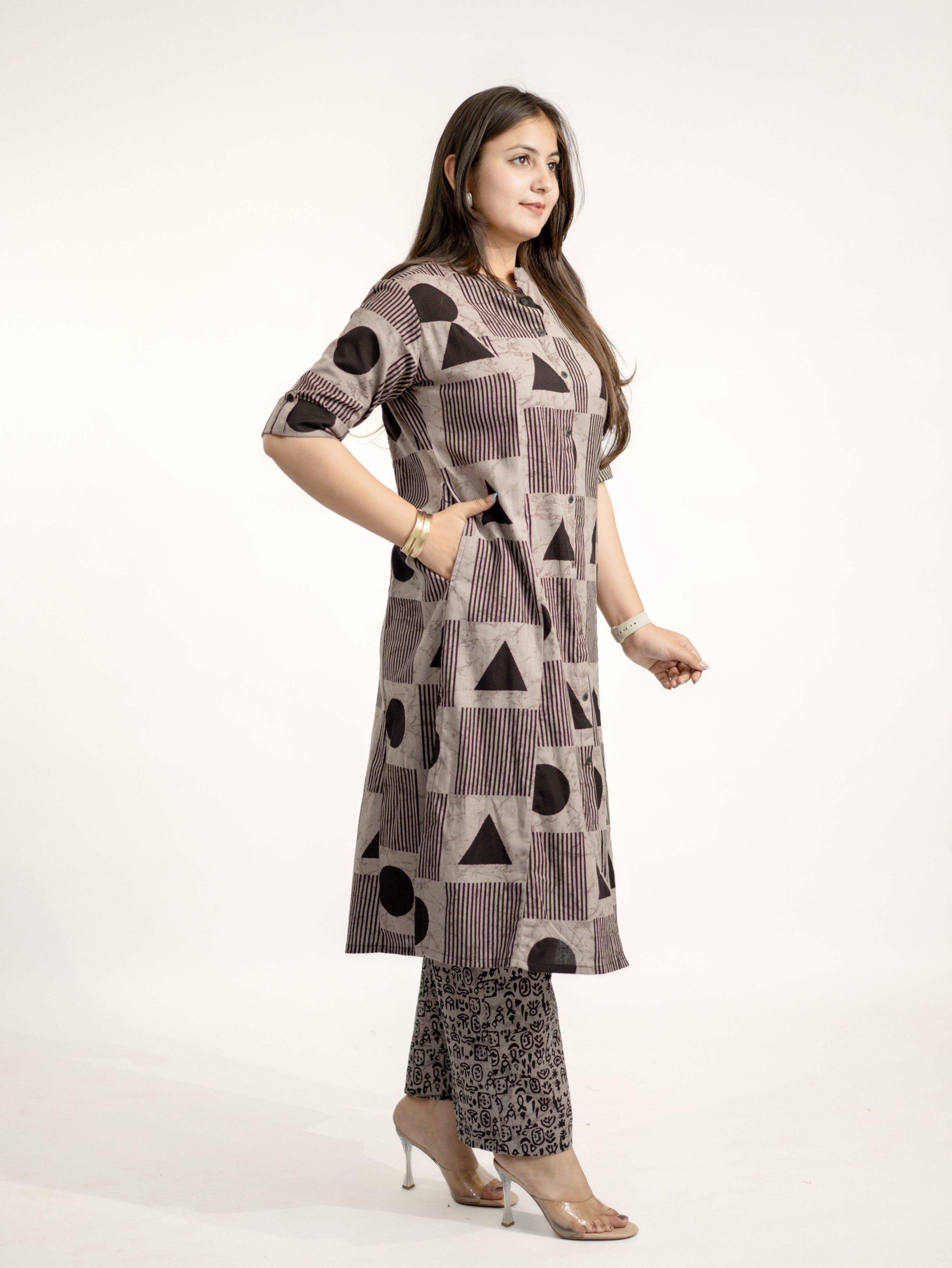 Hazel Grey Geometric A-line Cotton Kurta Set