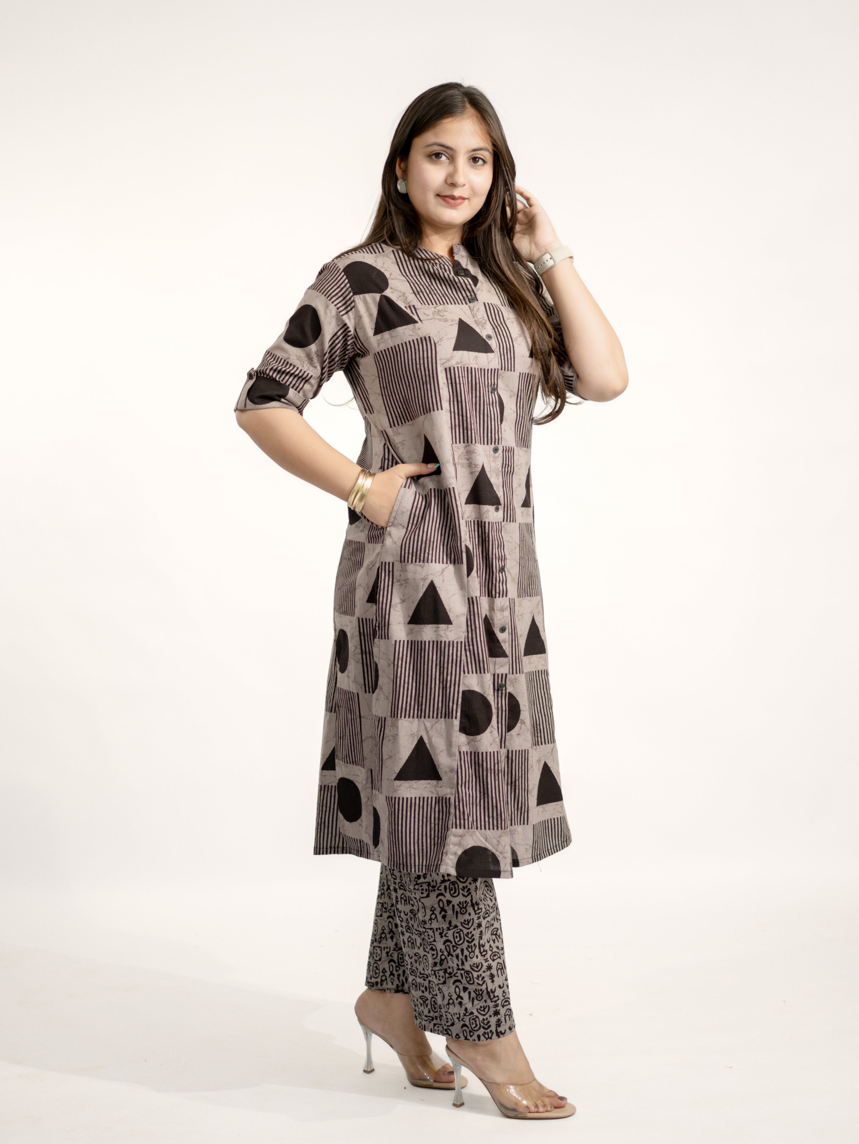 Hazel Grey Geometric A-line Cotton Kurta Set