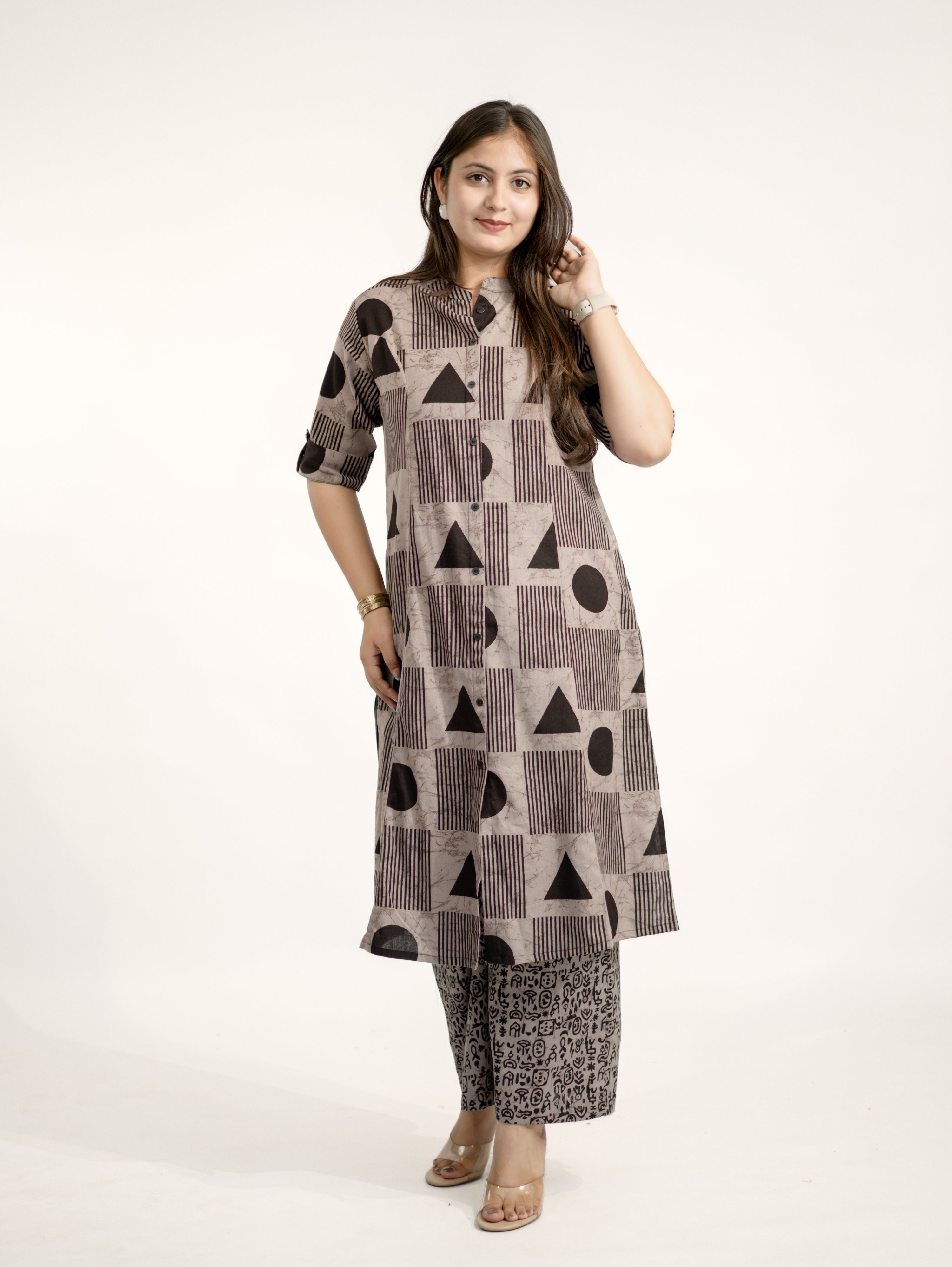 Hazel Grey Geometric A-line Cotton Kurta Set
