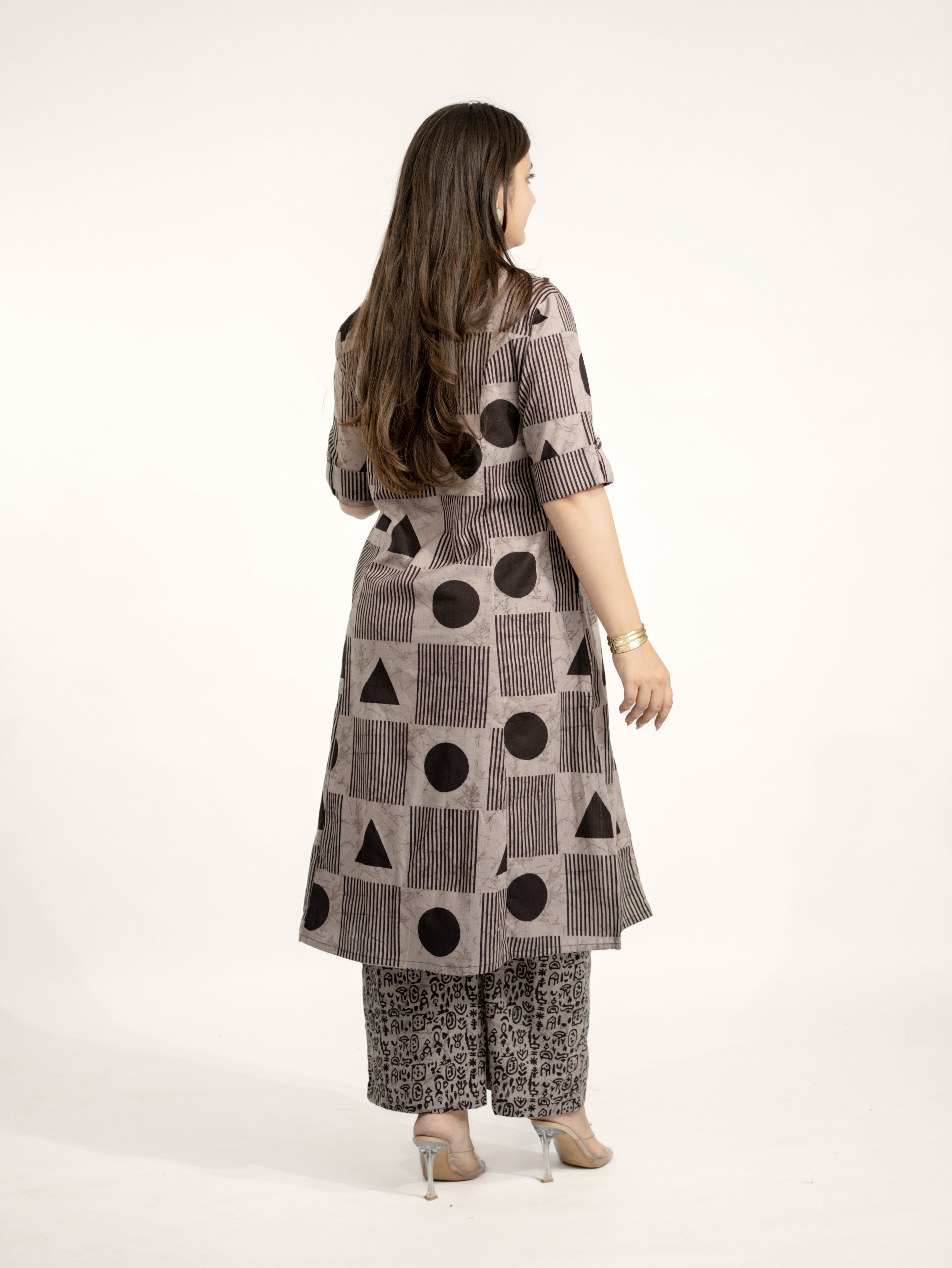 Hazel Grey Geometric A-line Cotton Kurta Set
